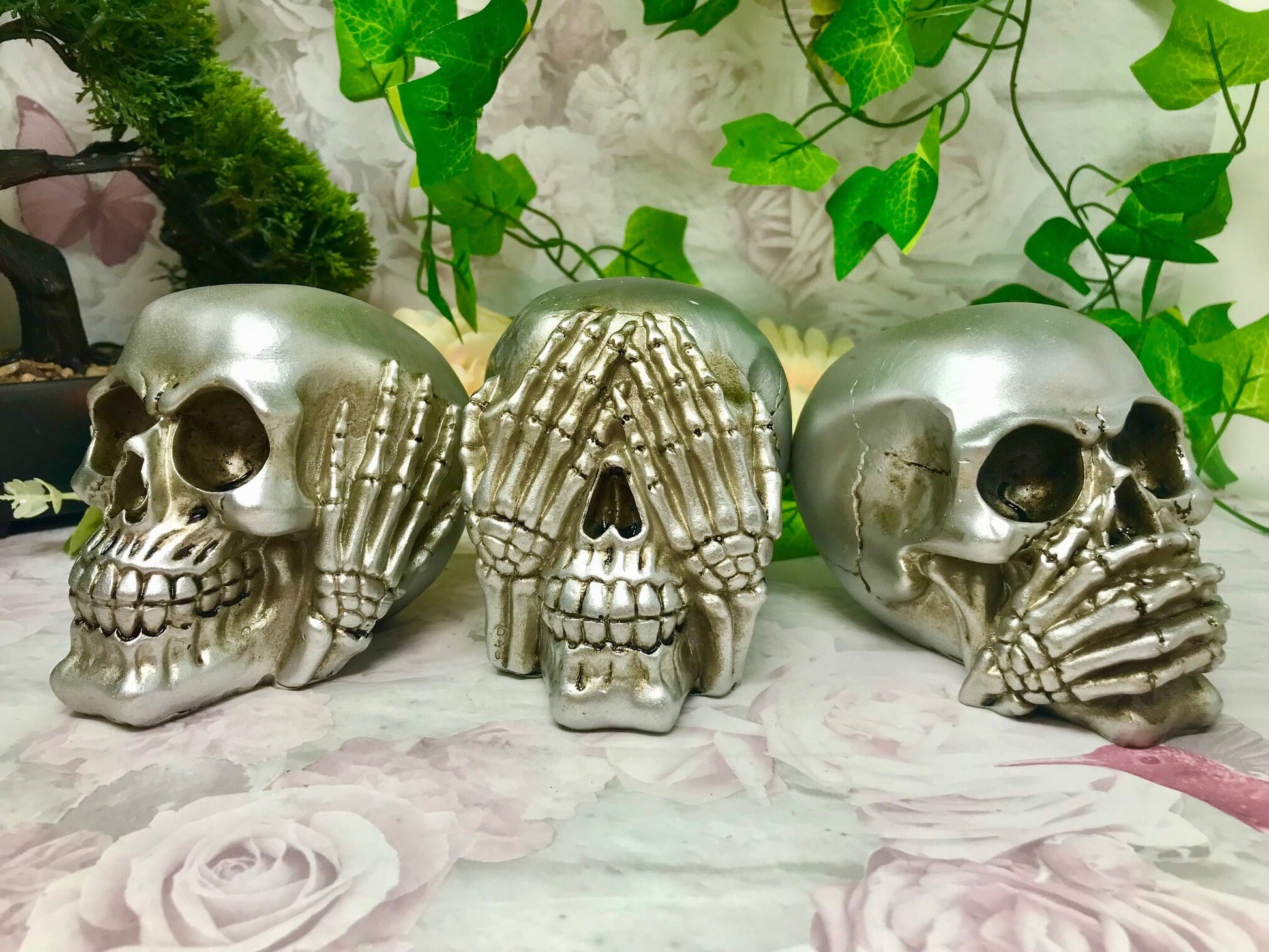 Silver Wise Skulls Set - Gothic Decor Hear, See, Speak No Evil, Handmade Resin Skull Figures, Unique Gothic Ornaments, Mystical Home Accent-Osiris Craftworks