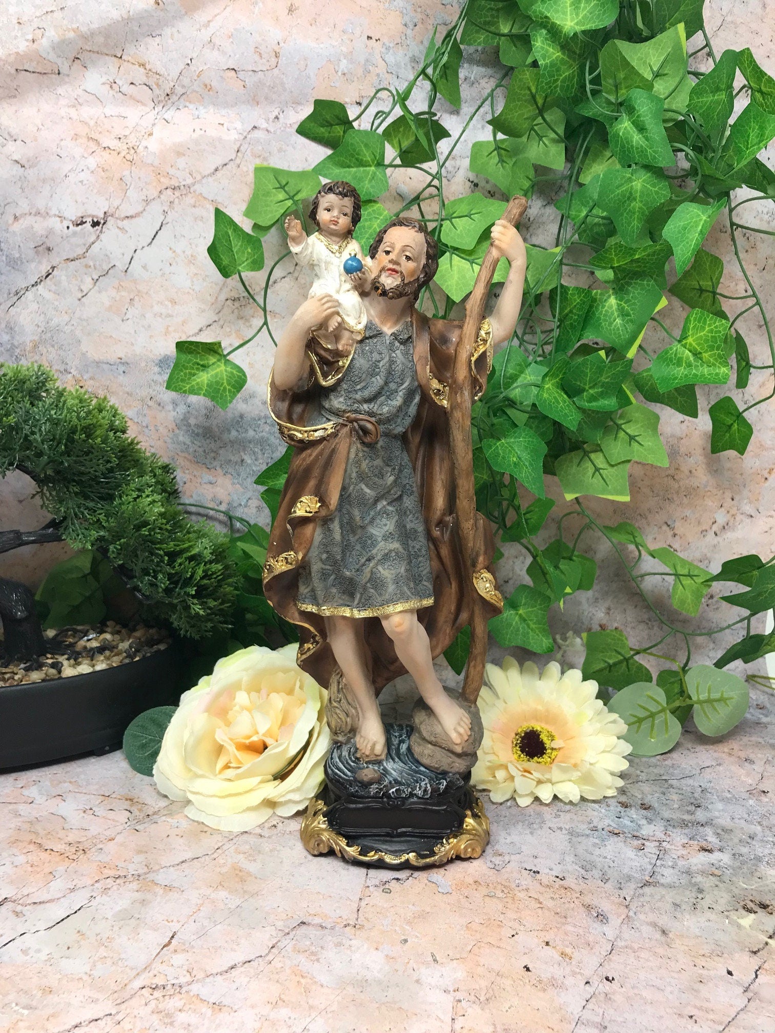 Statue of Saint Christopher and Baby Jesus Religious Ornament Figure Home Decor Sculpture for Home or Chapel-Osiris Craftworks