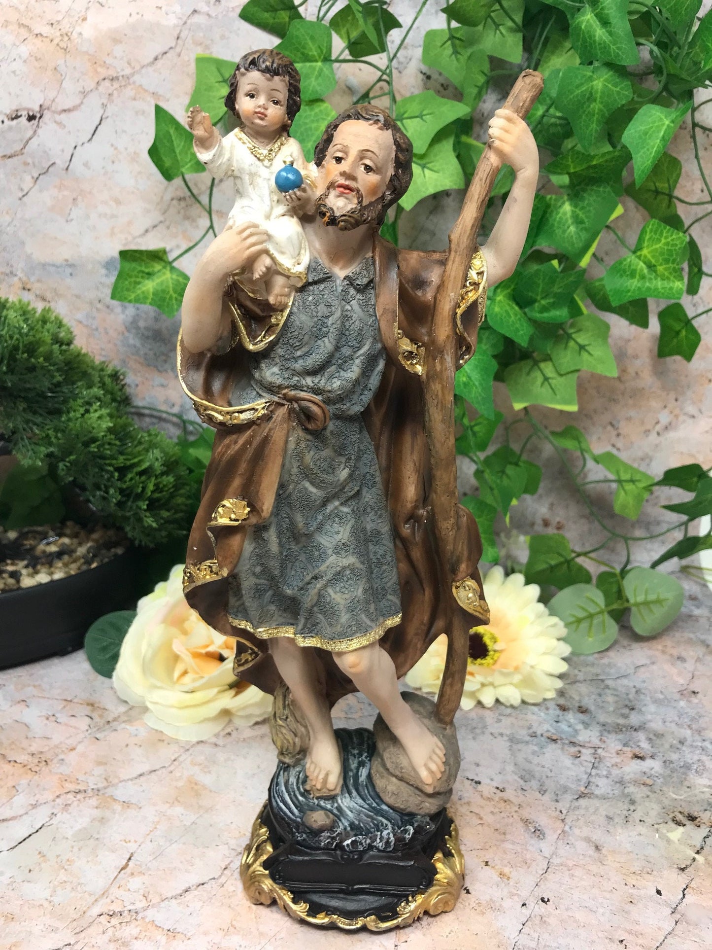 Statue of Saint Christopher and Baby Jesus Religious Ornament Figure Home Decor Sculpture for Home or Chapel-Osiris Craftworks