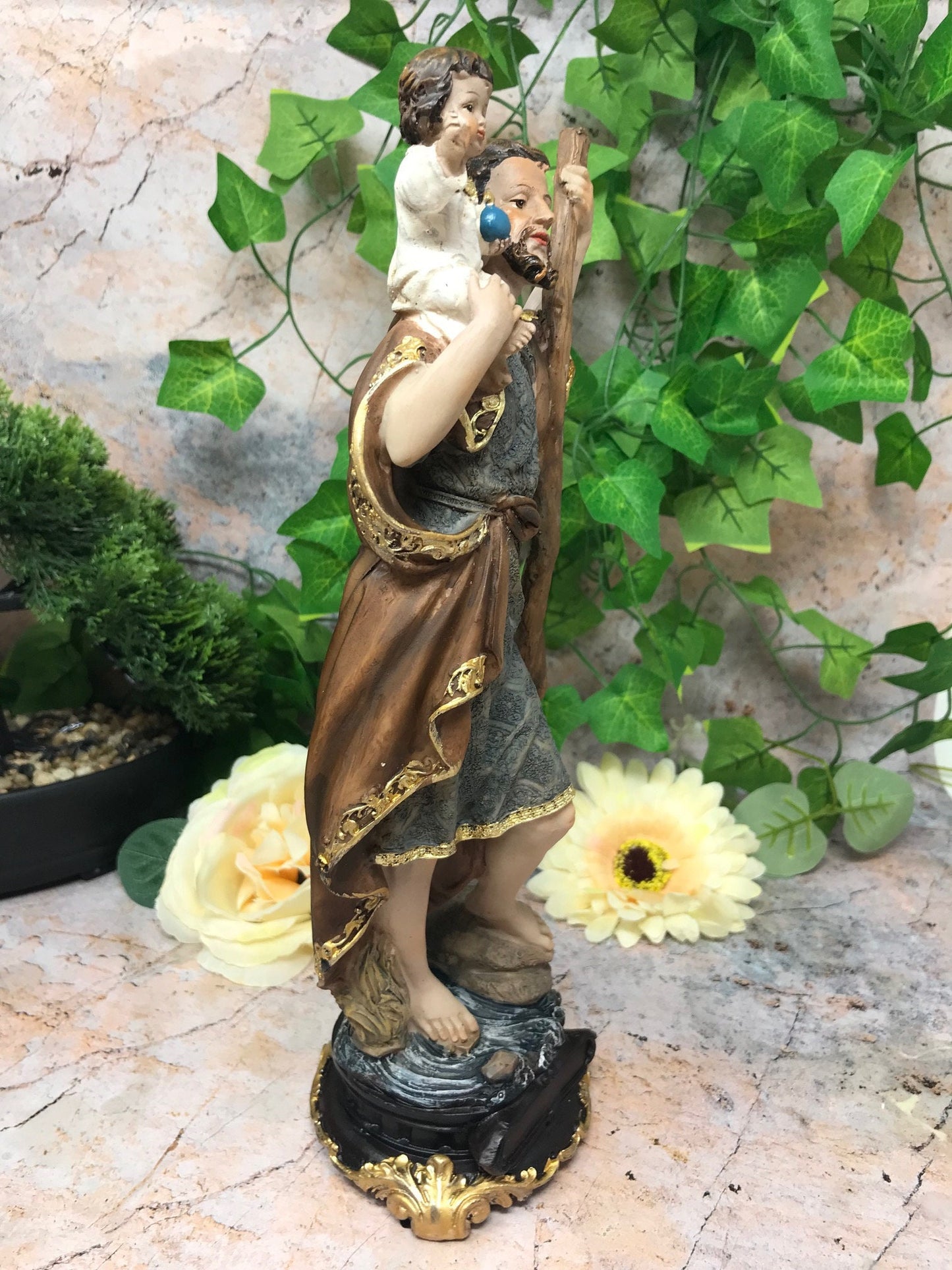 Statue of Saint Christopher and Baby Jesus Religious Ornament Figure Home Decor Sculpture for Home or Chapel-Osiris Craftworks