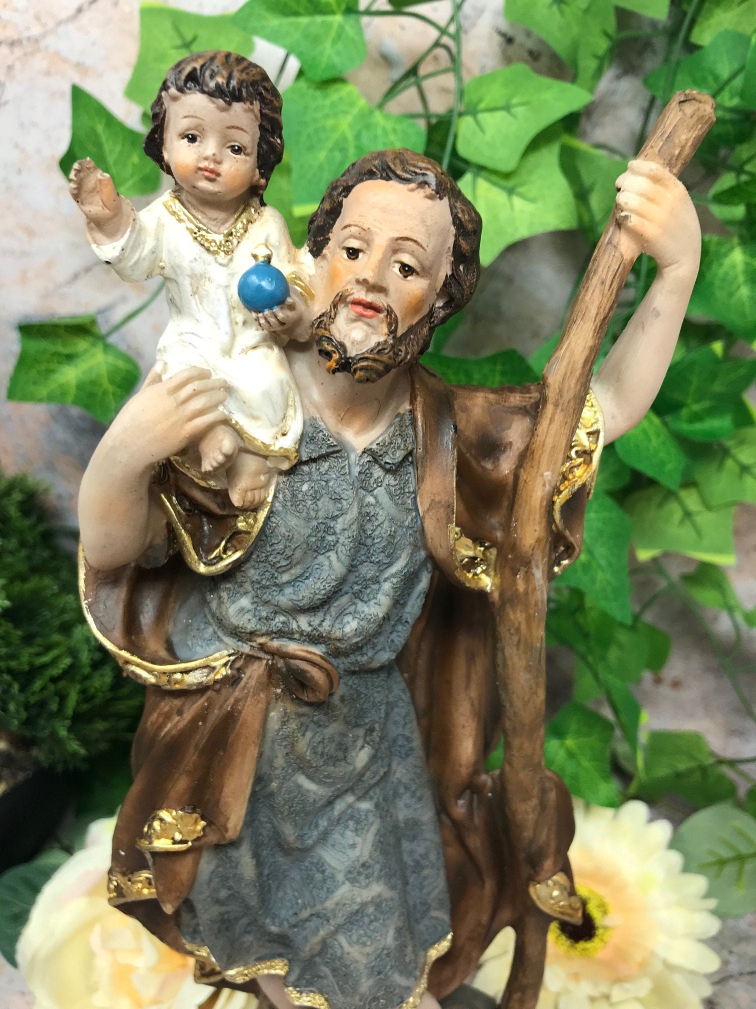 Statue of Saint Christopher and Baby Jesus Religious Ornament Figure Home Decor Sculpture for Home or Chapel-Osiris Craftworks