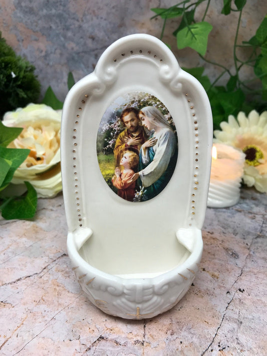 Porcelain Holy Family Holy Water Font - Religious Jesus Wall Decor - Serene Christian Baptismal Gift, Gold-Accented, 12.5cm-Osiris Craftworks