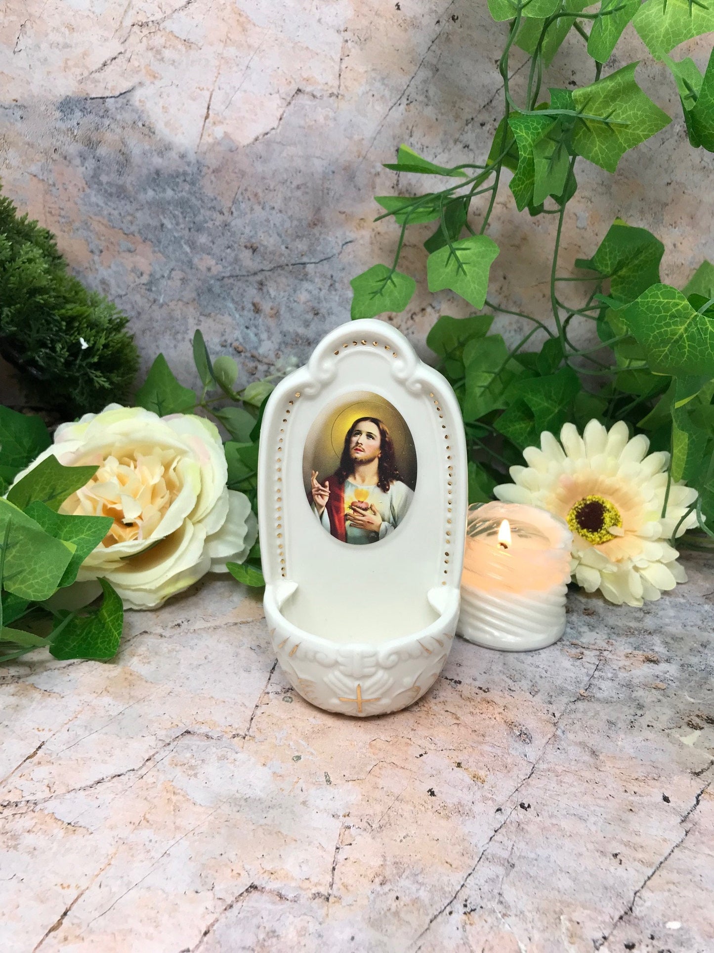 Porcelain Sacred Heart Jesus Holy Water Font Religious Wall Decor Catholic Gift-Osiris Craftworks