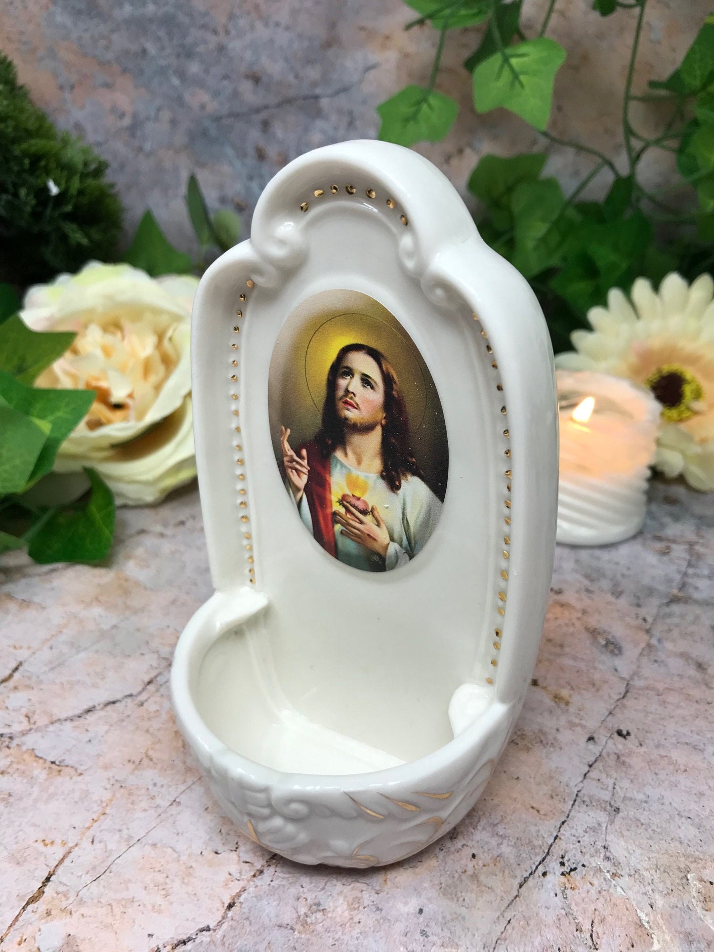 Porcelain Sacred Heart Jesus Holy Water Font Religious Wall Decor Catholic Gift-Osiris Craftworks