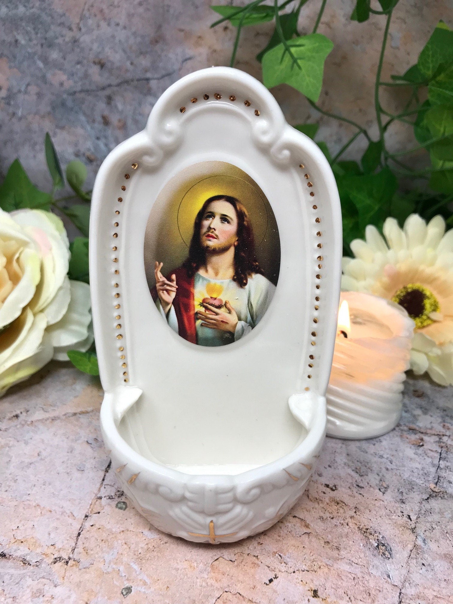 Porcelain Sacred Heart Jesus Holy Water Font Religious Wall Decor Catholic Gift-Osiris Craftworks