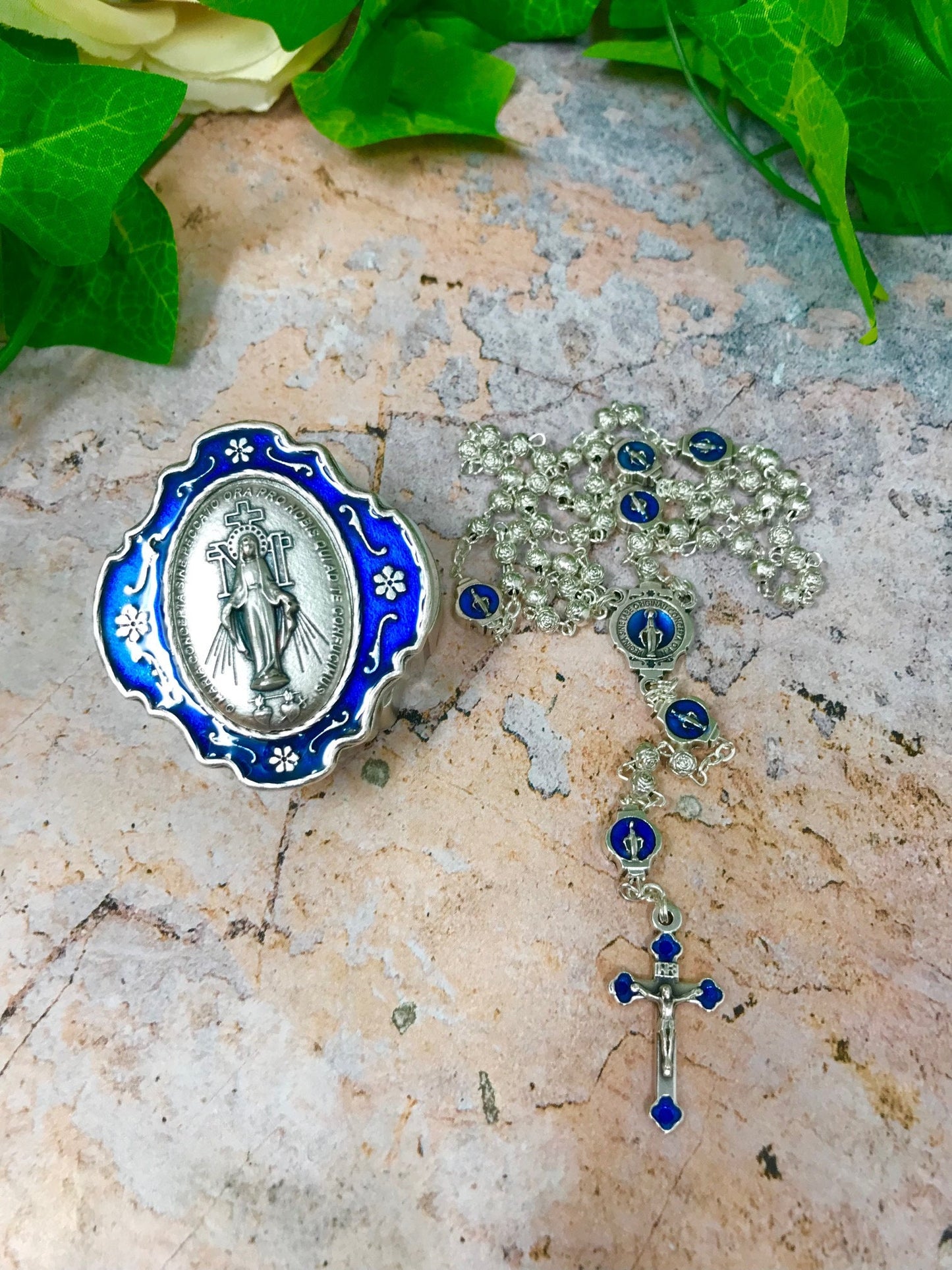 Handmade Our Lady of the Miraculous Metal Rosary Beads with Matching Rosary Box - Spiritual Catholic Prayer Set with Metal Rose Detail