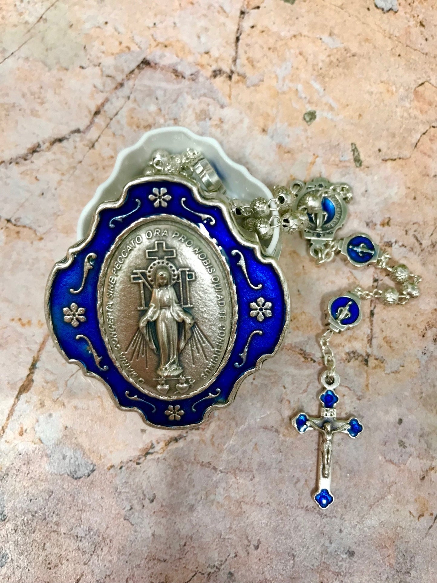 Handmade Our Lady of the Miraculous Metal Rosary Beads with Matching Rosary Box - Spiritual Catholic Prayer Set with Metal Rose Detail