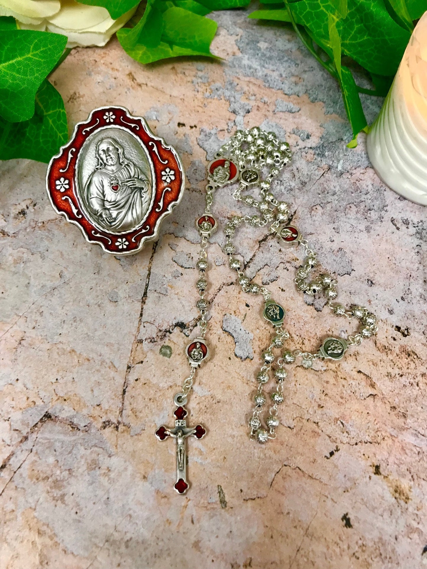 Handcrafted Sacred Heart of Jesus Rosary Beads with Matching Rosary Box - 4 mm Metal Bead Prayer Rosary - Unique Spiritual Catholic Gift-Osiris Craftworks