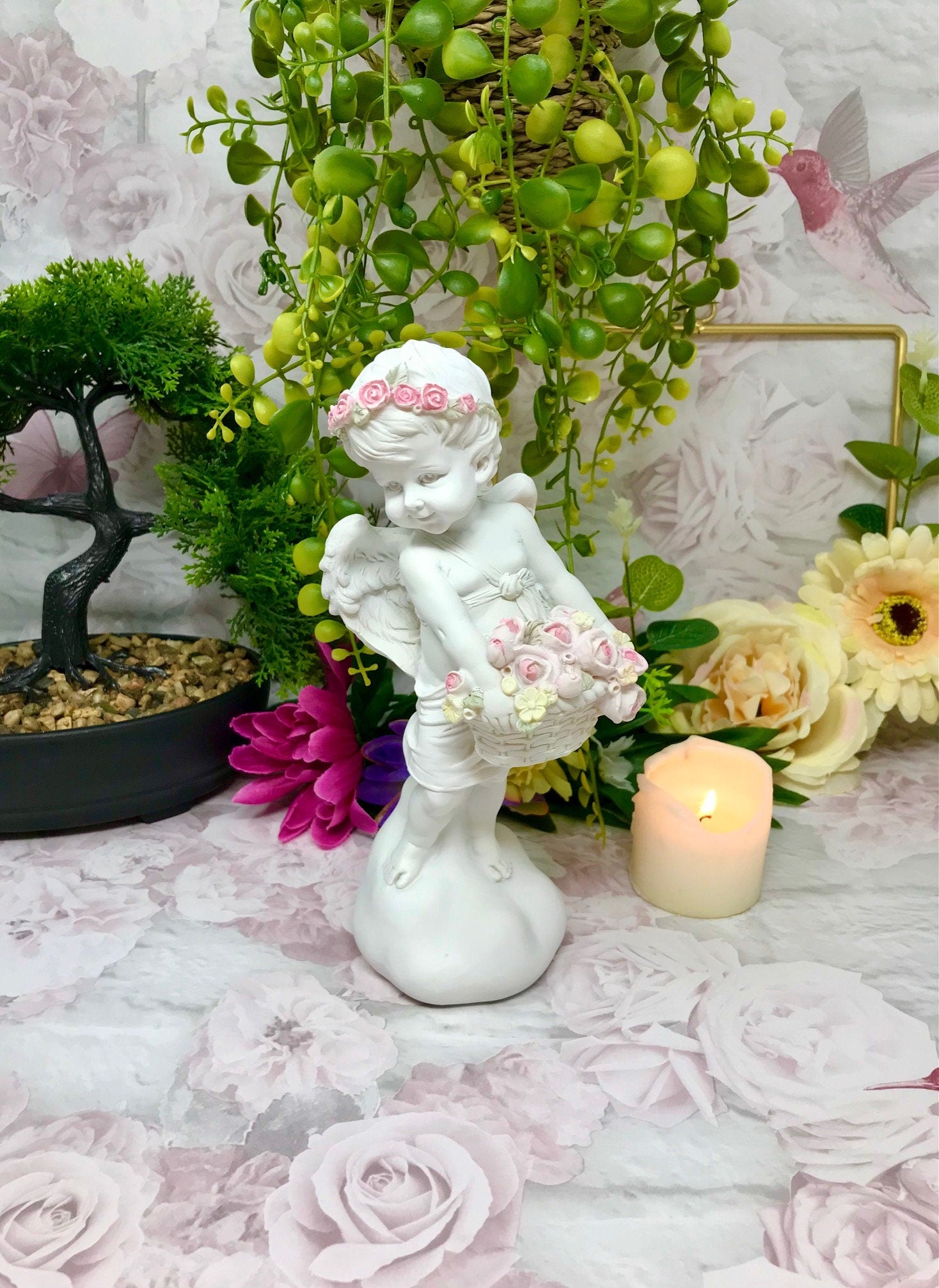 Guardian Angel Figurine Cherub Holding Flowers Statue Ornament Sculpture Gift-Osiris Craftworks