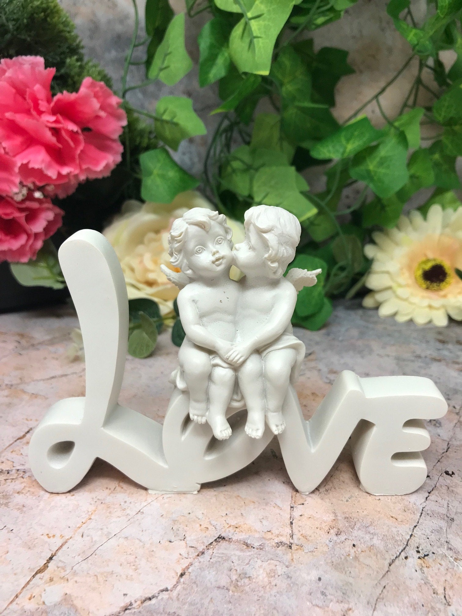 Cherubs on LOVE Word Sculpture, Romantic Figurine, Sweethearts Decor, Love Expression Statue, Heartwarming Couple Gift, Whimsical Love Sign-Osiris Craftworks