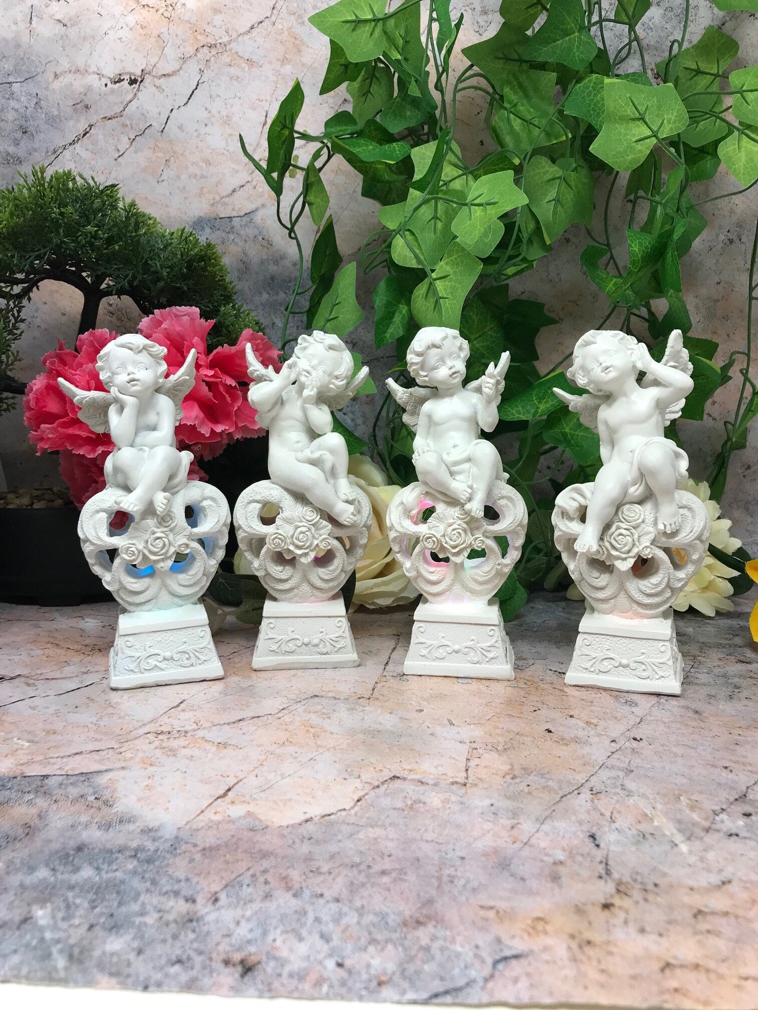 Set of Four Guardian Angel Figurine LED Cherubs Resting on Heart Sculpture Gift-Osiris Craftworks