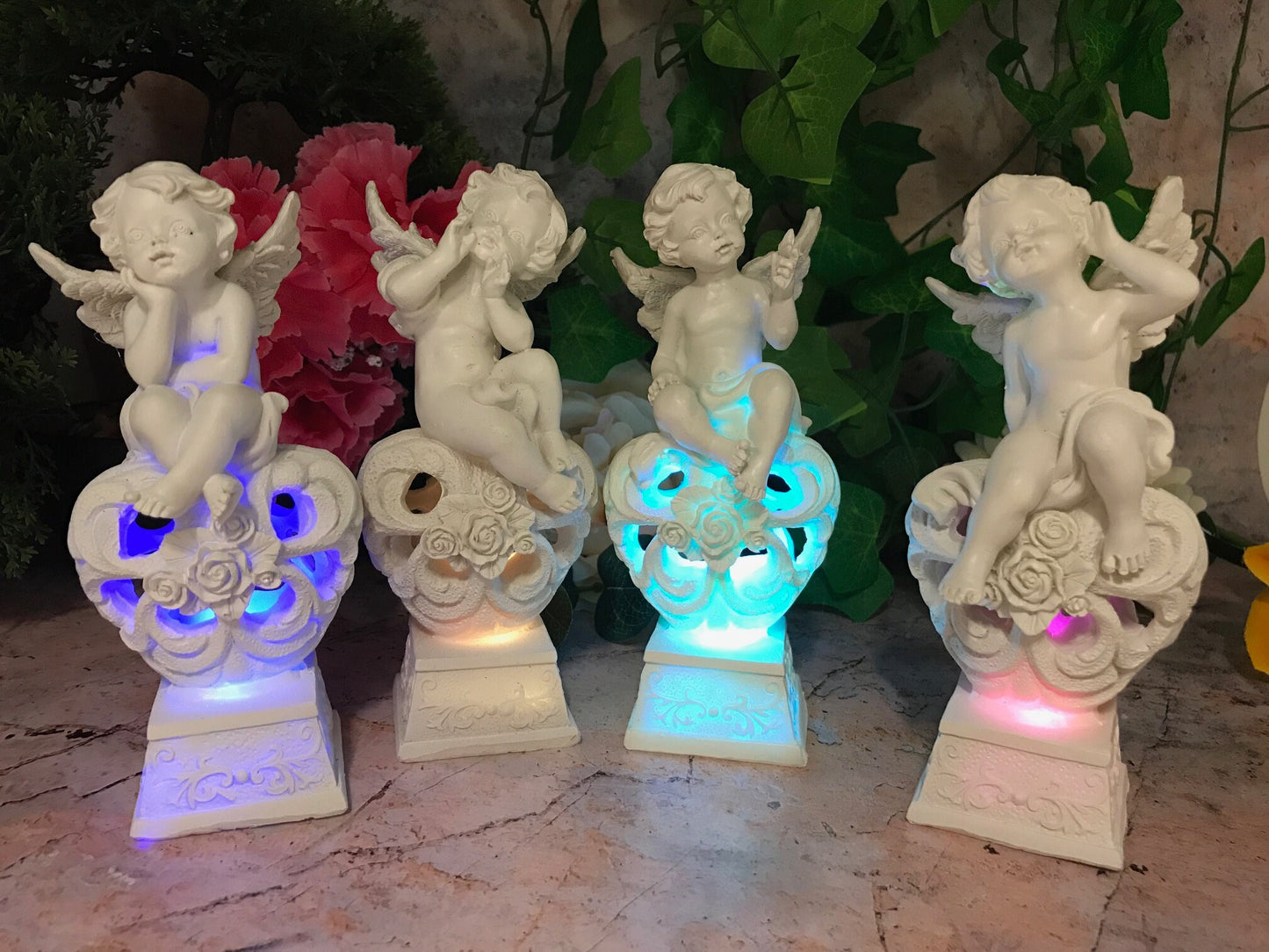 Set of Four Guardian Angel Figurine LED Cherubs Resting on Heart Sculpture Gift-Osiris Craftworks