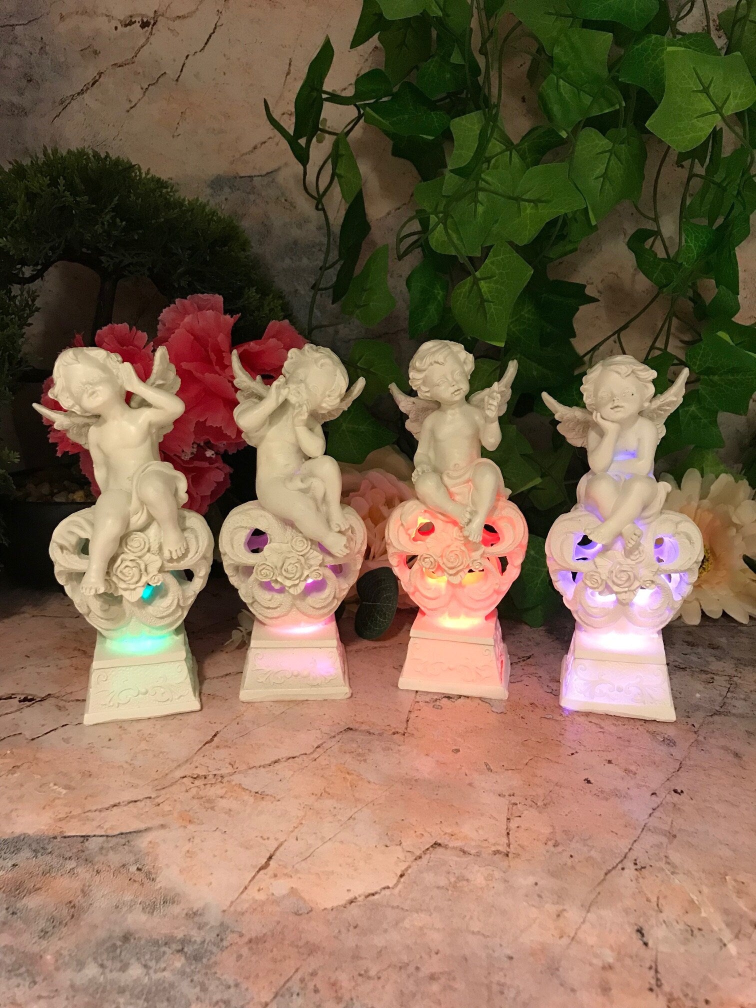 Set of Four Guardian Angel Figurine LED Cherubs Resting on Heart Sculpture Gift-Osiris Craftworks