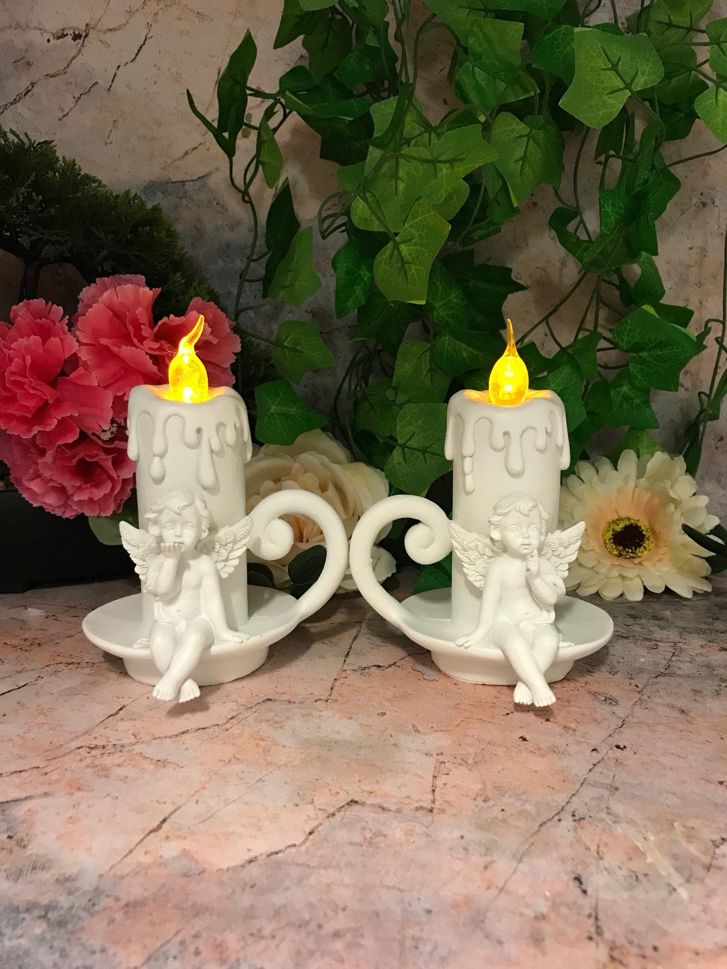 Guardian Angel Cherub LED Candle Holders, Pair of Serene Angels with Light, Spiritual Home Decor Angelic Ambiance Lights Thoughtful Gift Set-Osiris Craftworks