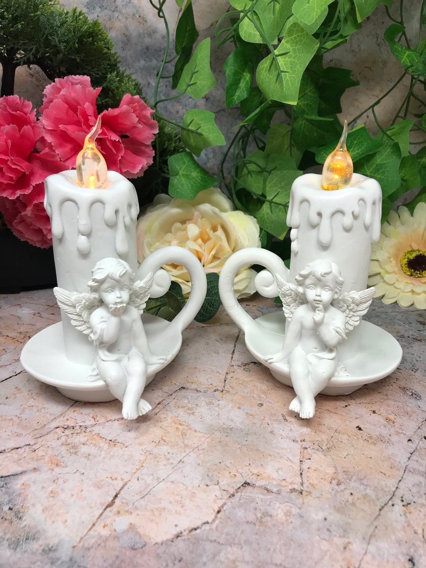 Guardian Angel Cherub LED Candle Holders, Pair of Serene Angels with Light, Spiritual Home Decor Angelic Ambiance Lights Thoughtful Gift Set-Osiris Craftworks