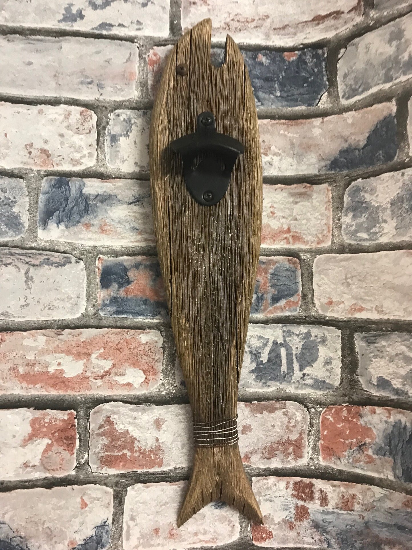 Rustic Reclaimed Wood Fish Bottle Opener Wall Decor, Nautical Coastal Chic Bar Accessory, Ready-to-Hang Indoor Fishing Themed Beer Opener