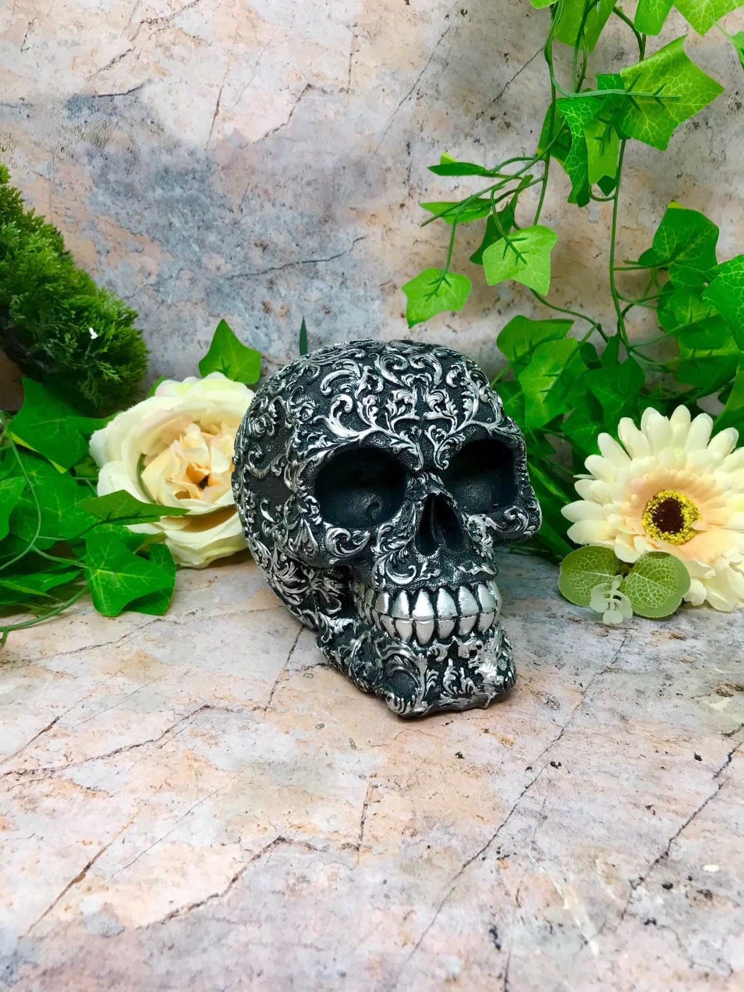 Novelty Floral Decay Black and Silver Skull Ornament Figure Skulls Collection Sculpture Home Decoration Gothic Decor-Osiris Craftworks