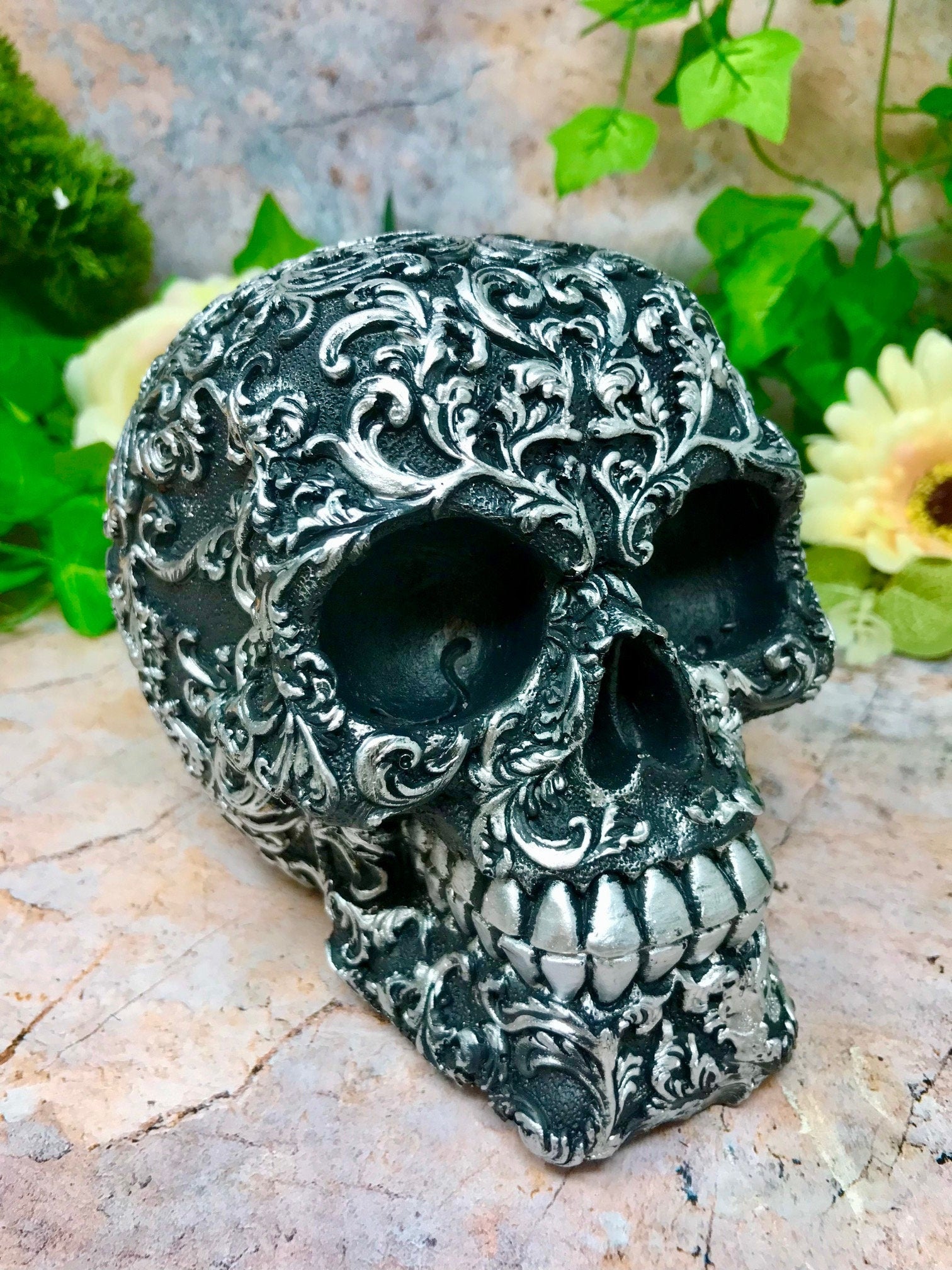 Novelty Floral Decay Black and Silver Skull Ornament Figure Skulls Collection Sculpture Home Decoration Gothic Decor-Osiris Craftworks