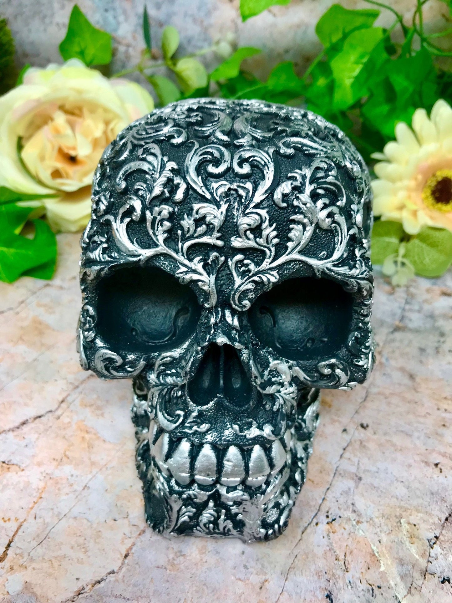 Novelty Floral Decay Black and Silver Skull Ornament Figure Skulls Collection Sculpture Home Decoration Gothic Decor-Osiris Craftworks