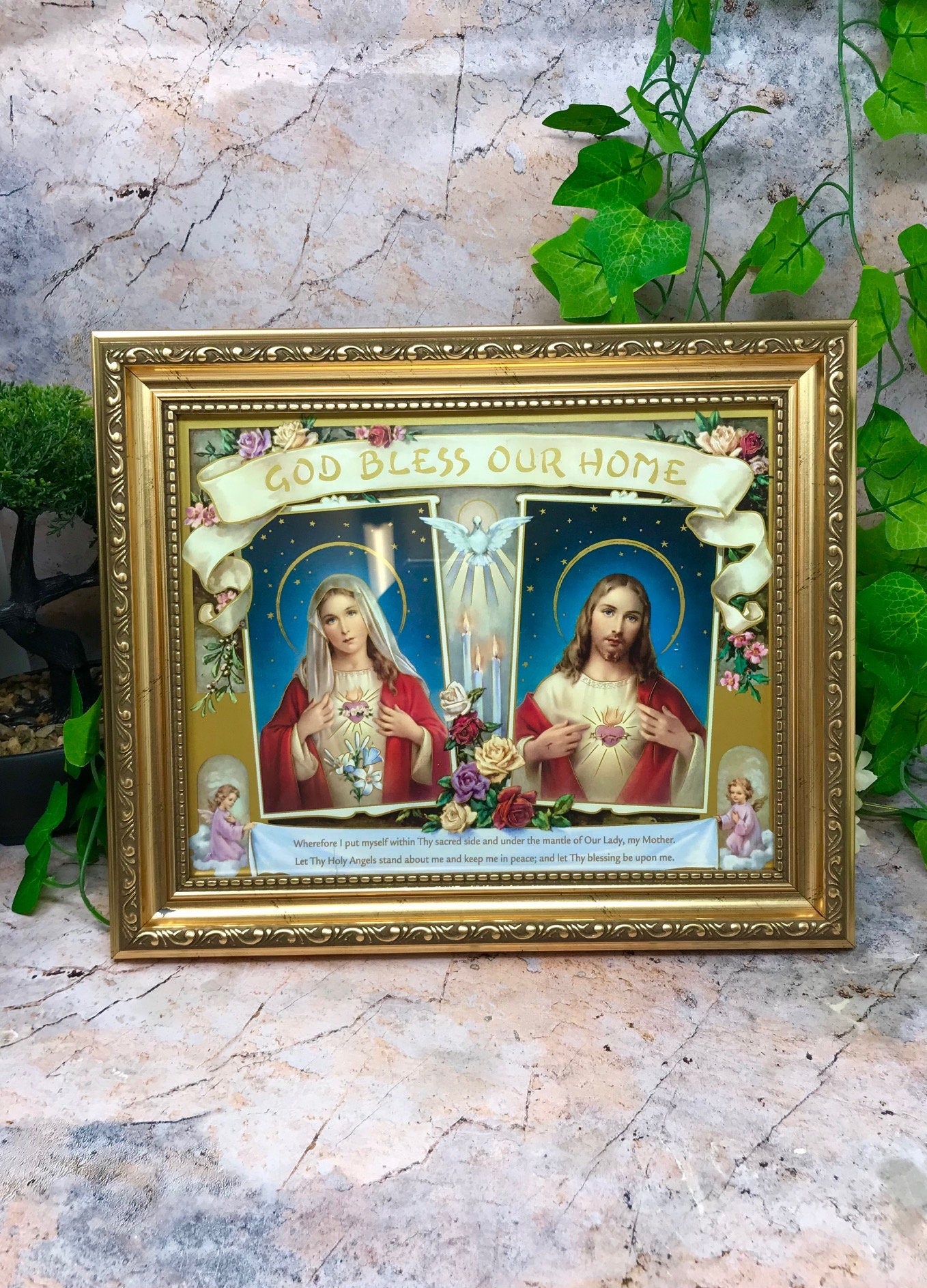 Laminated Framed Picture God Bless Our Home Jesus and Mary Christianity Religious Decor Freestanding-Osiris Craftworks