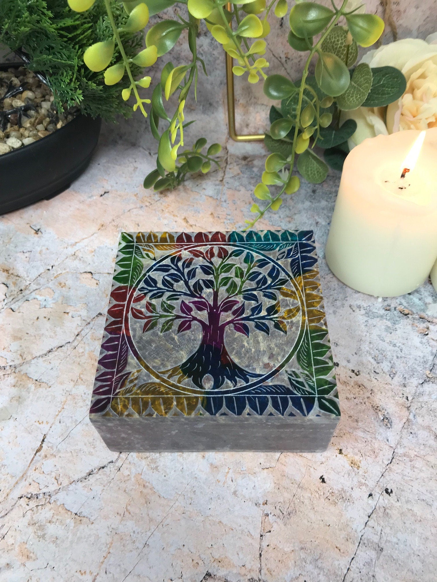 Soapstone Tree of Life Box Altar Decor, Engraved Stone Keepsake, Artisan Crafted Jewellery Trinket Box, Spiritual Home Vibrant Feng Shui Art-Osiris Craftworks