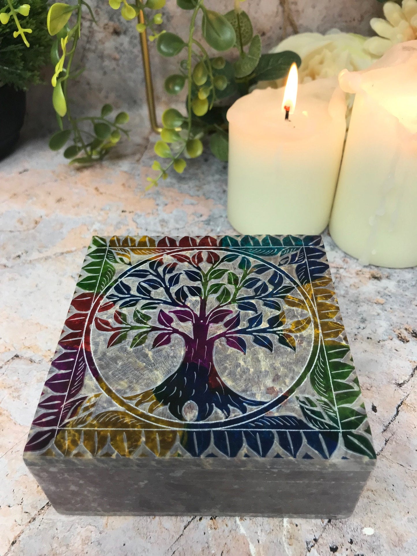 Soapstone Tree of Life Box Altar Decor, Engraved Stone Keepsake, Artisan Crafted Jewellery Trinket Box, Spiritual Home Vibrant Feng Shui Art-Osiris Craftworks