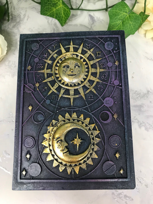 Celestial Sun and Moon Tarot Box, Mystical Altar Decor, Wiccan Pagan Resin Storage, Quality Oracle Card Holder, Astrological Home Ornament-Osiris Craftworks