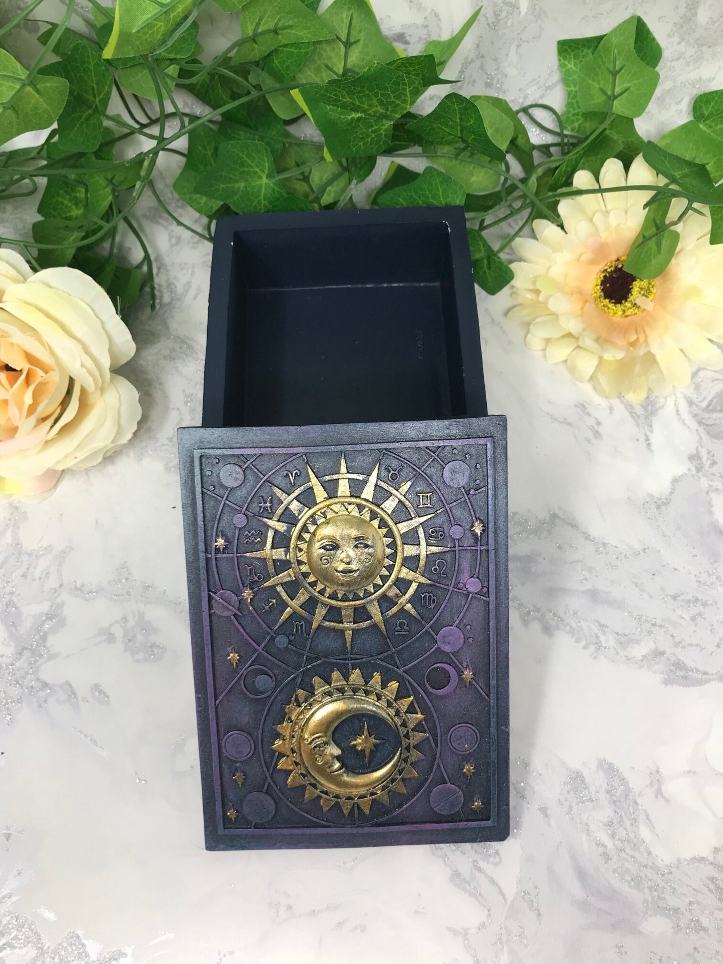 Celestial Sun and Moon Tarot Box, Mystical Altar Decor, Wiccan Pagan Resin Storage, Quality Oracle Card Holder, Astrological Home Ornament-Osiris Craftworks