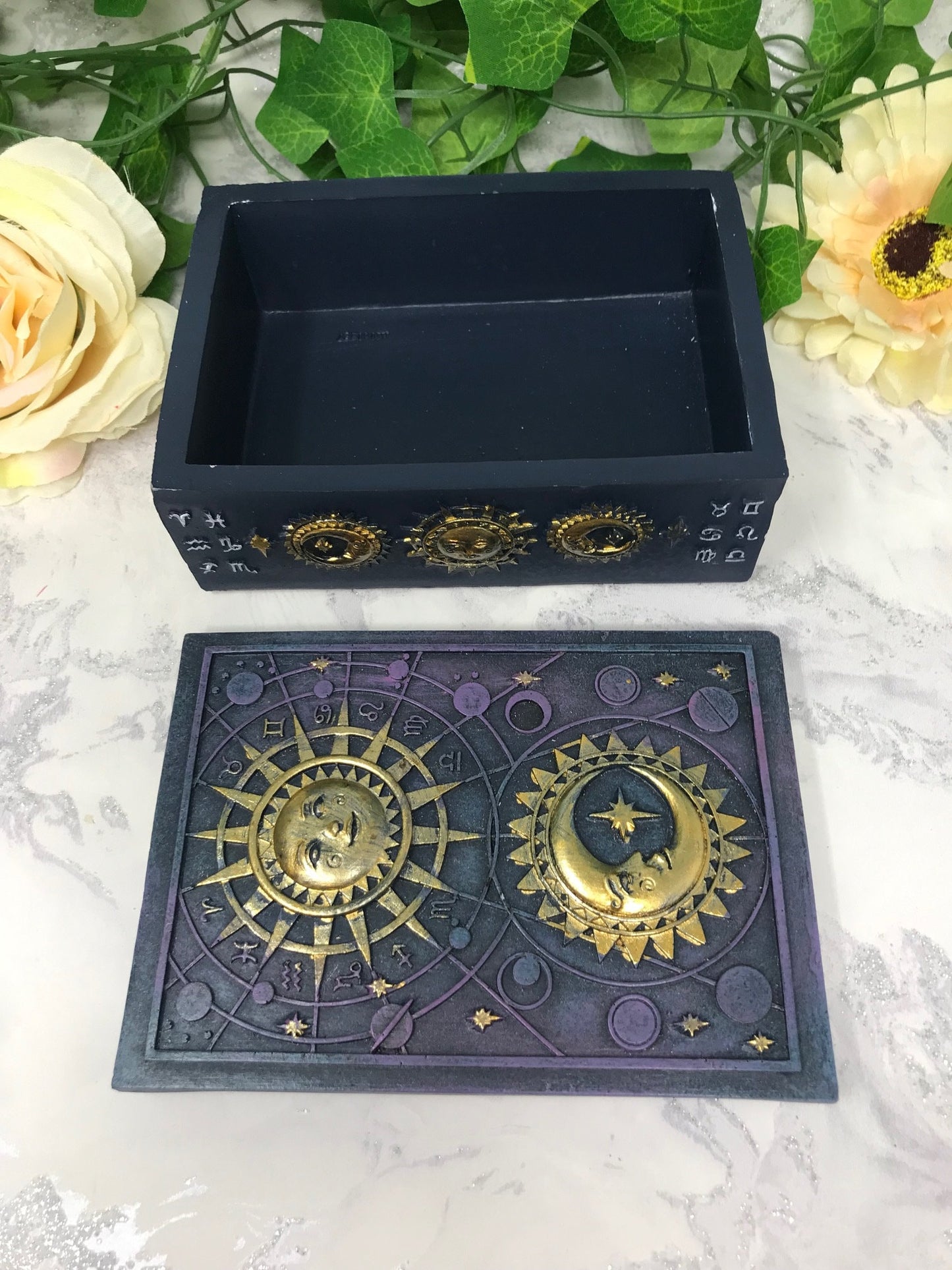 Celestial Sun and Moon Tarot Box, Mystical Altar Decor, Wiccan Pagan Resin Storage, Quality Oracle Card Holder, Astrological Home Ornament-Osiris Craftworks