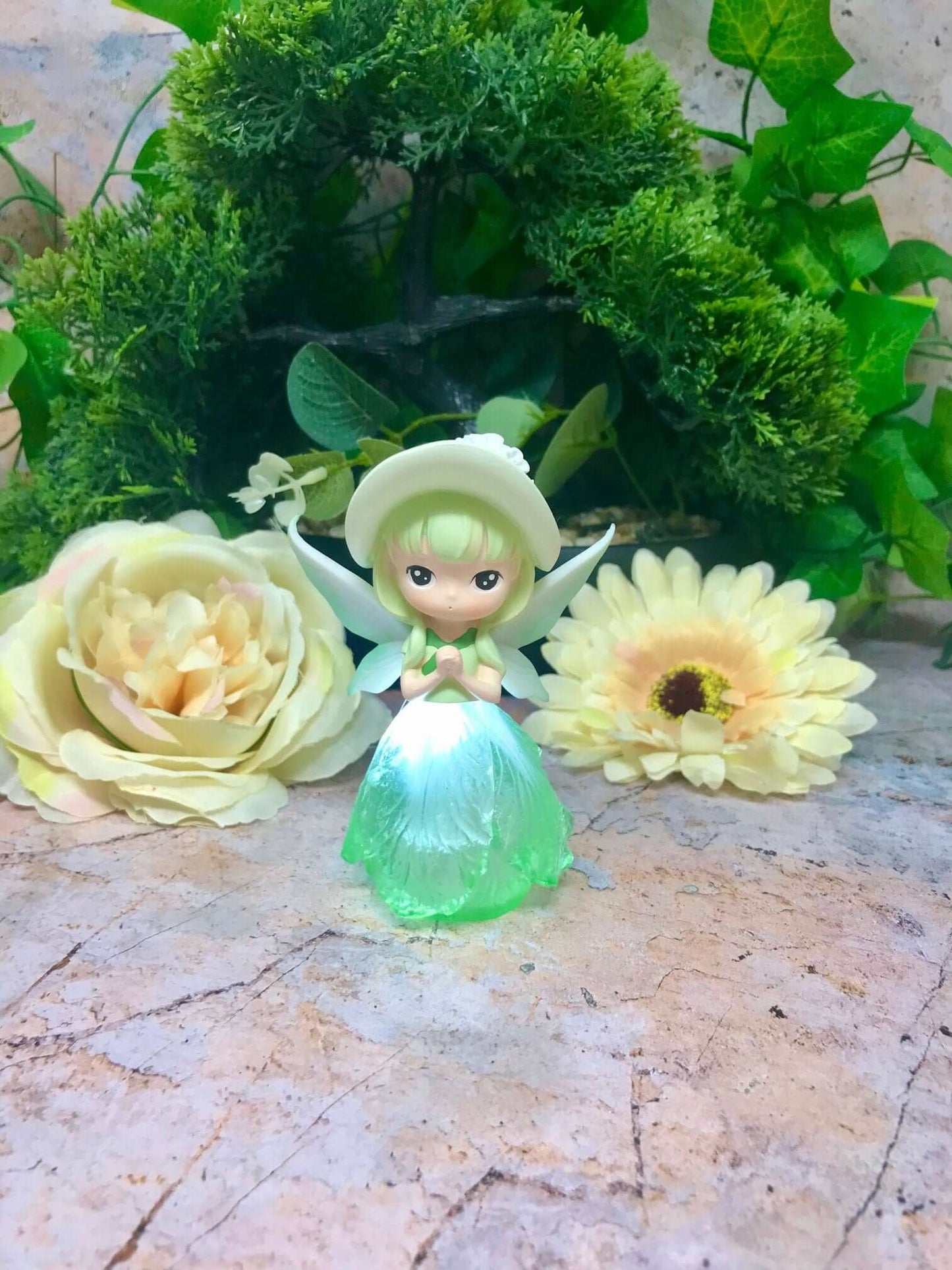 Adorable Peaceful Angel Baby Girl with Led Light Sculpture Green Figurine Fantasy Fairy Collection-Osiris Craftworks