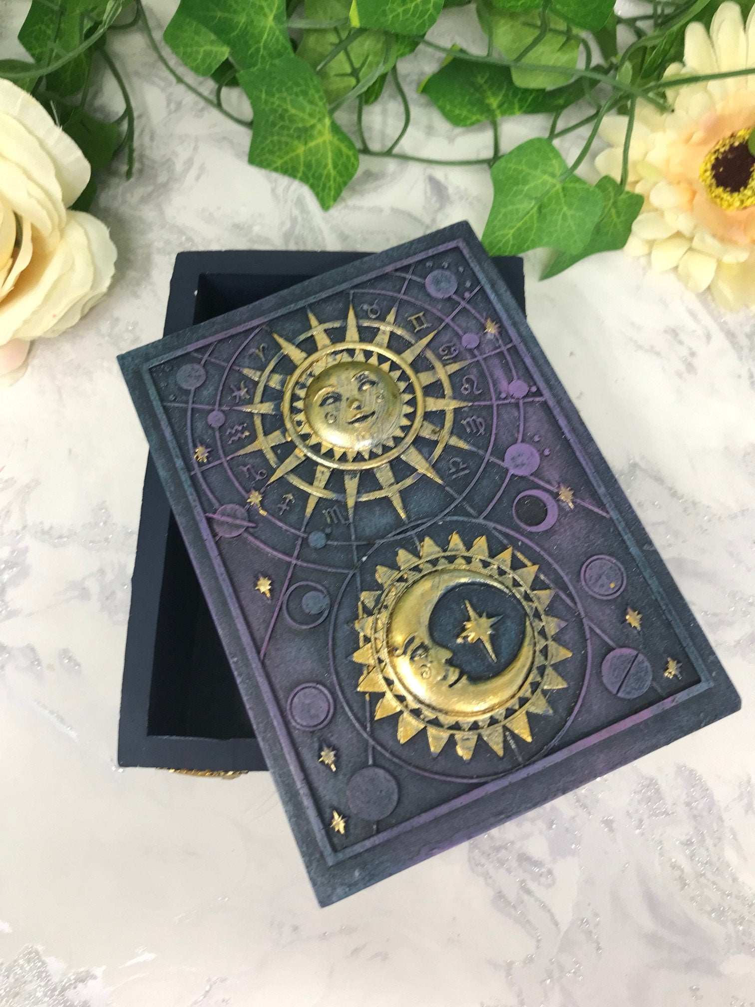 Celestial Sun and Moon Tarot Box, Mystical Altar Decor, Wiccan Pagan Resin Storage, Quality Oracle Card Holder, Astrological Home Ornament-Osiris Craftworks