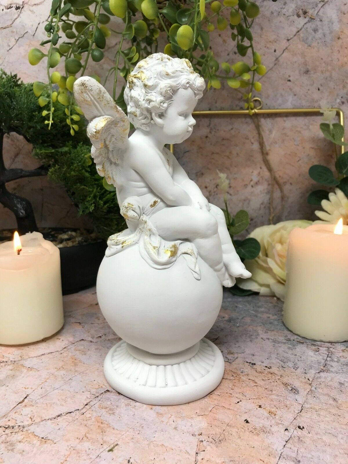 Guardian Angel Cherub on Sphere, White Resin Angelic Figurine, Peaceful Serenity Statue, Heavenly Decor, Spiritual Gift, Protective Ornament-Osiris Craftworks