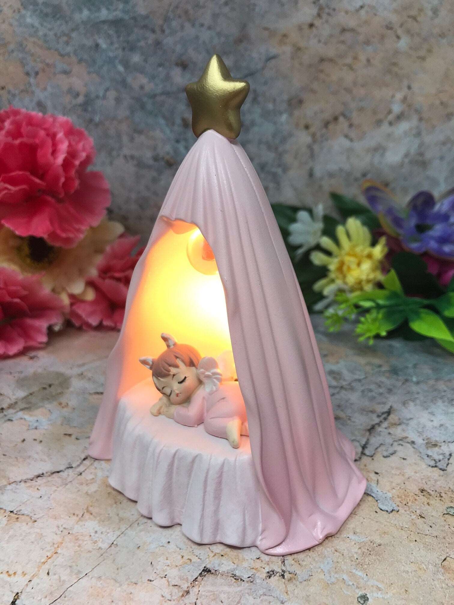 Adorable Peaceful Angel Baby Girl Sleeping Sculpture Angels Collection Figurine Fantasy LED Light Pink Design-Osiris Craftworks