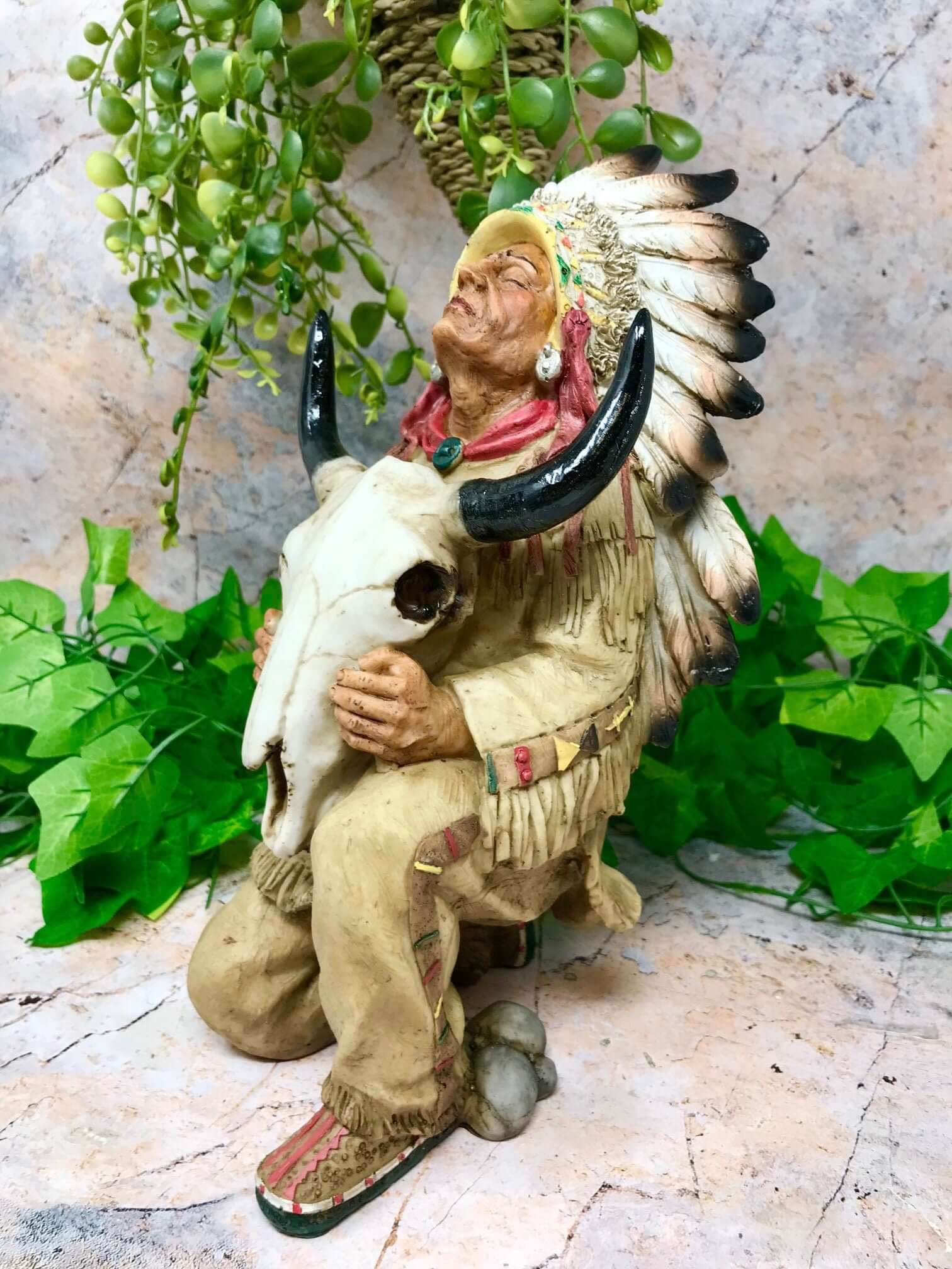 Indian Chief Sitting with Buffalo Skull Figurine Native American Collection Sculpture-Osiris Craftworks