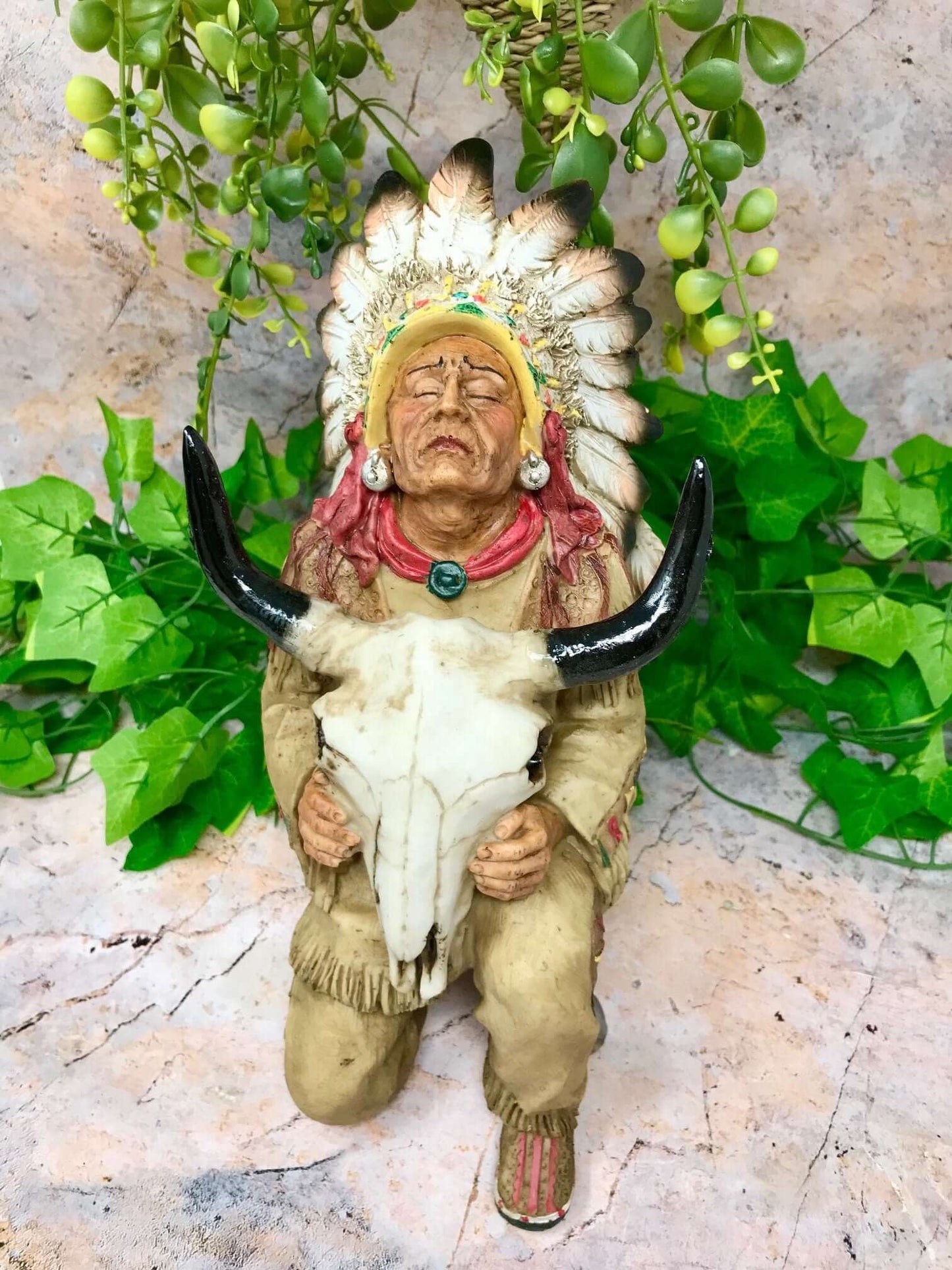 Indian Chief Sitting with Buffalo Skull Figurine Native American Collection Sculpture-Osiris Craftworks