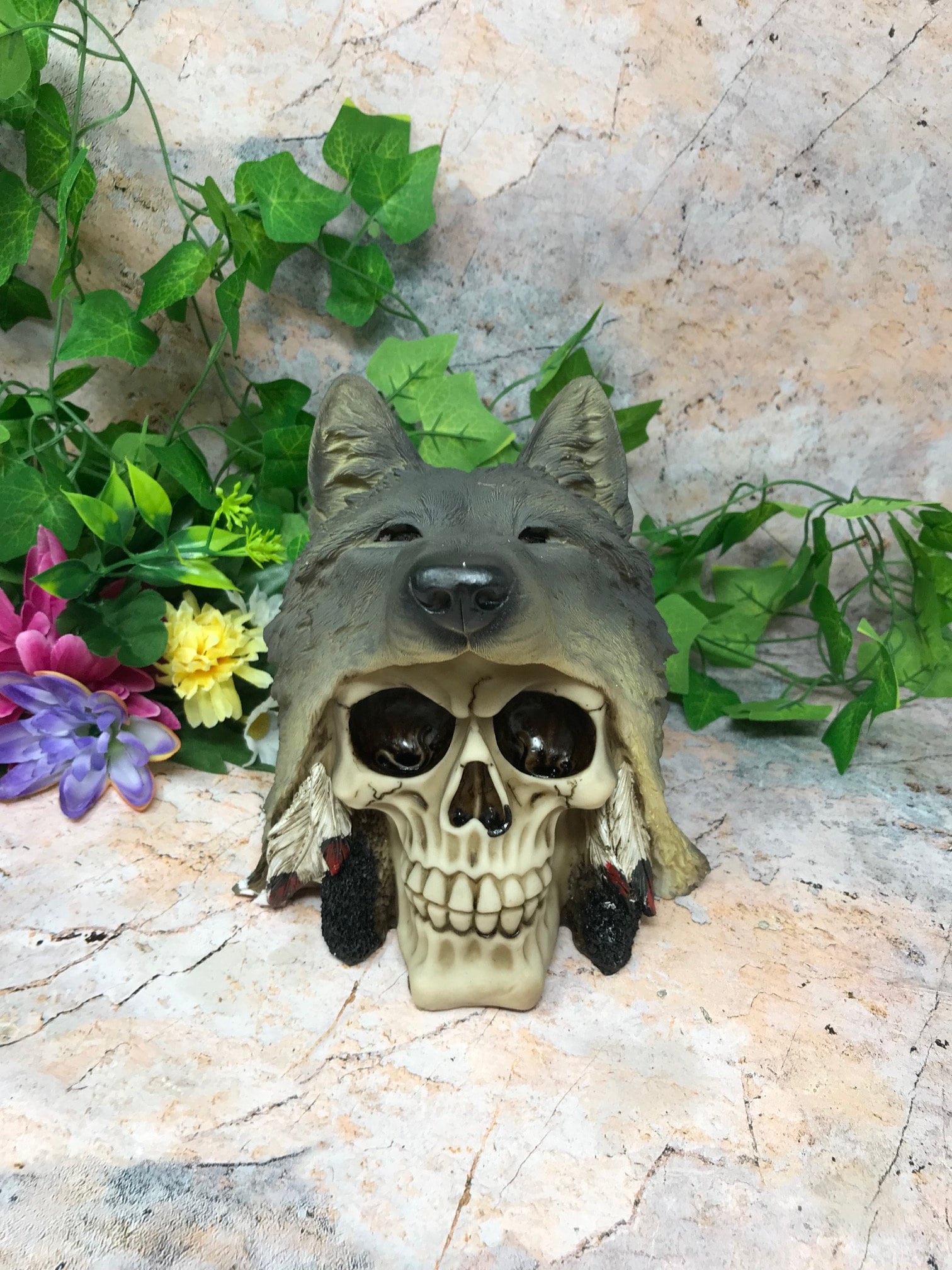 Stunning Native American Skull Sculpture with Wolf Mask - Embrace the Spirit of the Wild West in Your Home or Office-Osiris Craftworks