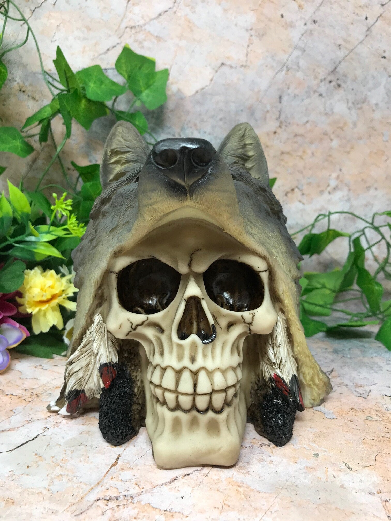 Stunning Native American Skull Sculpture with Wolf Mask - Embrace the Spirit of the Wild West in Your Home or Office-Osiris Craftworks