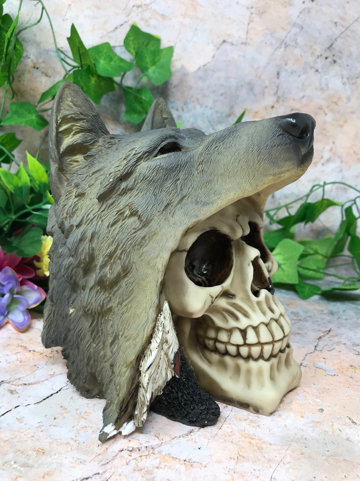 Stunning Native American Skull Sculpture with Wolf Mask - Embrace the Spirit of the Wild West in Your Home or Office-Osiris Craftworks