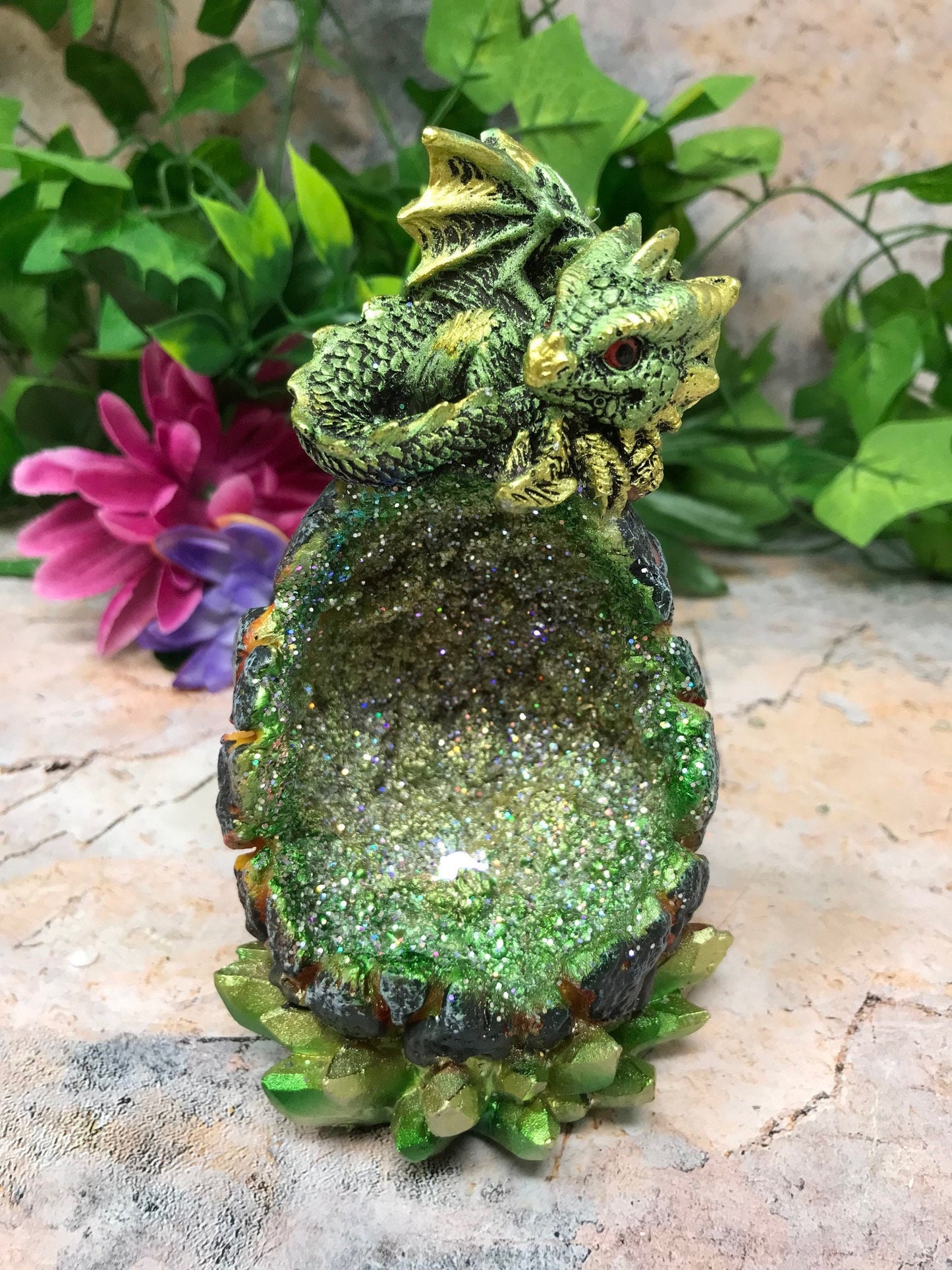 Green Dragon Guardian of Geode Sculpture Statue Ornament with LED Light Dragons Collection-Osiris Craftworks