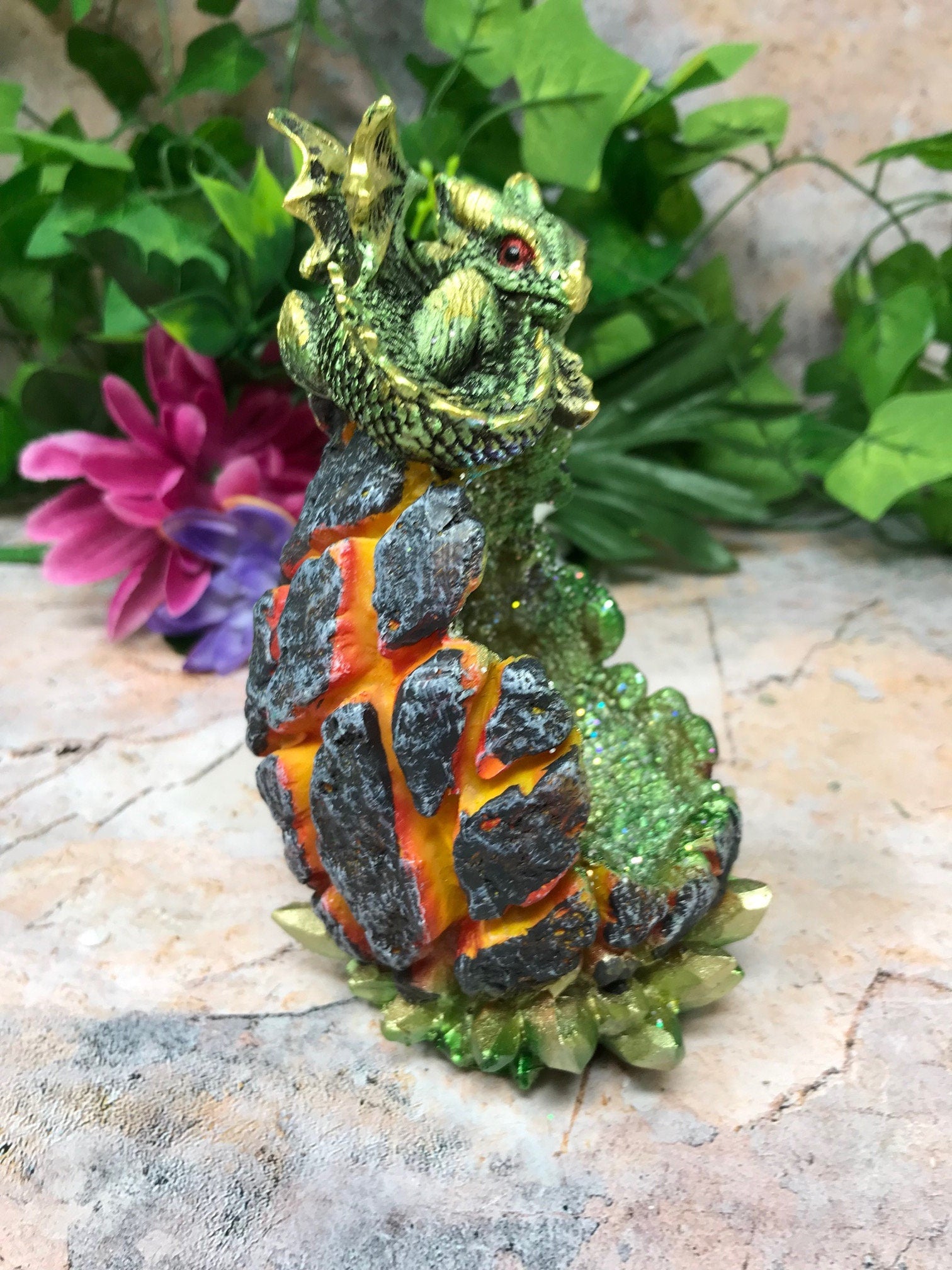 Green Dragon Guardian of Geode Sculpture Statue Ornament with LED Light Dragons Collection-Osiris Craftworks