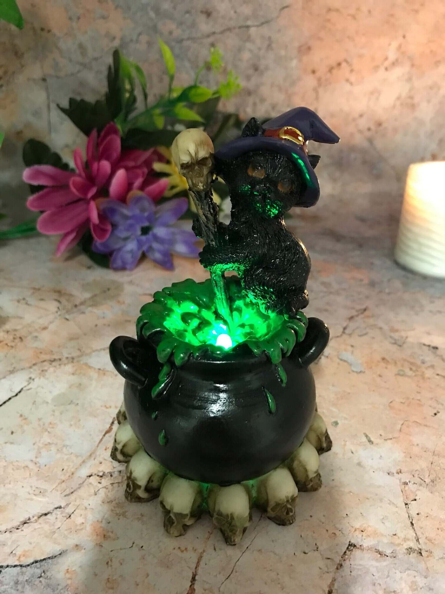 Witches Familiar Sculpture Comical Cat with Cauldron with Led Light Witch Witchcraft Spellcast Ornament Figurine-Osiris Craftworks