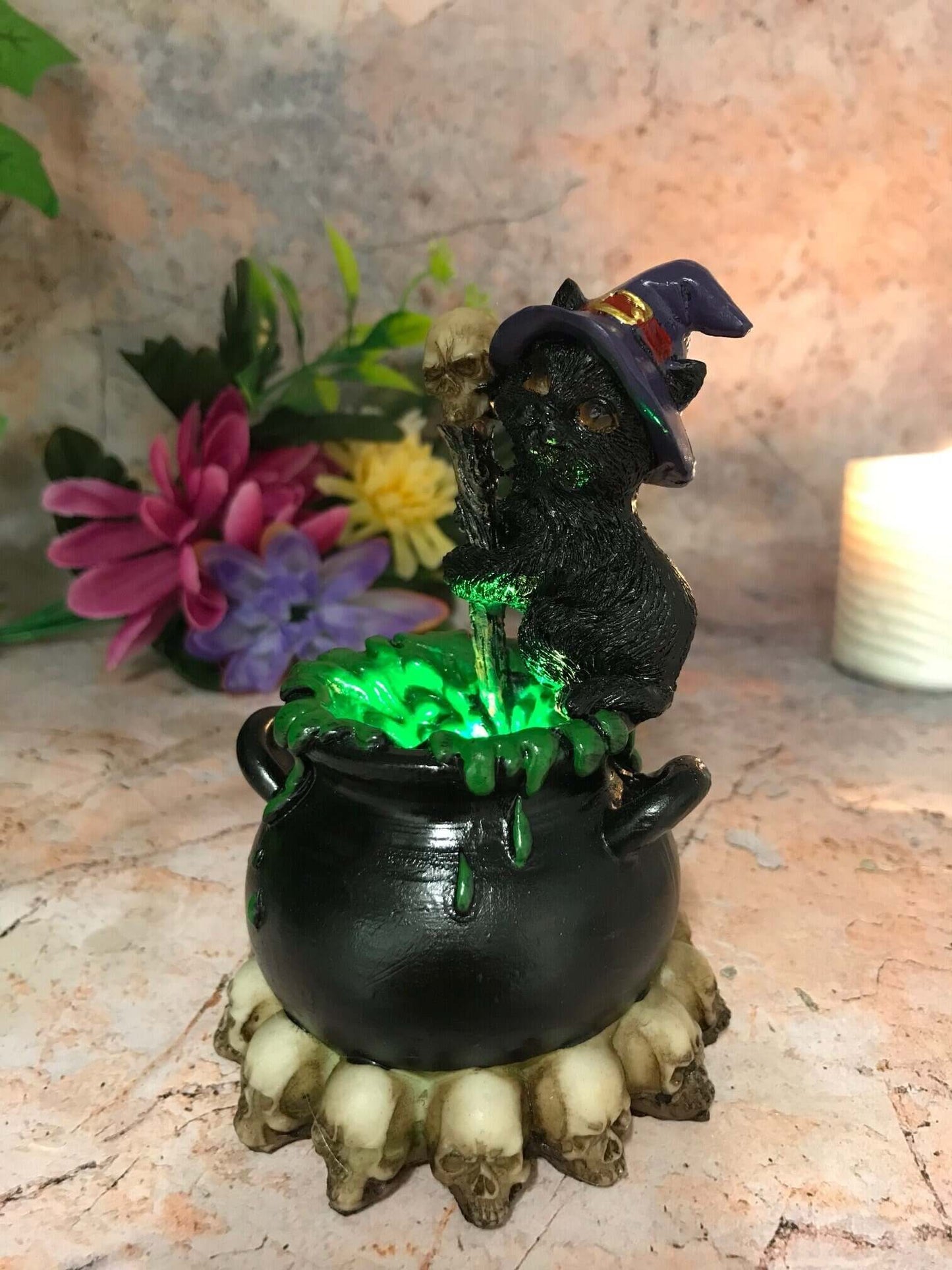 Witches Familiar Sculpture Comical Cat with Cauldron with Led Light Witch Witchcraft Spellcast Ornament Figurine-Osiris Craftworks