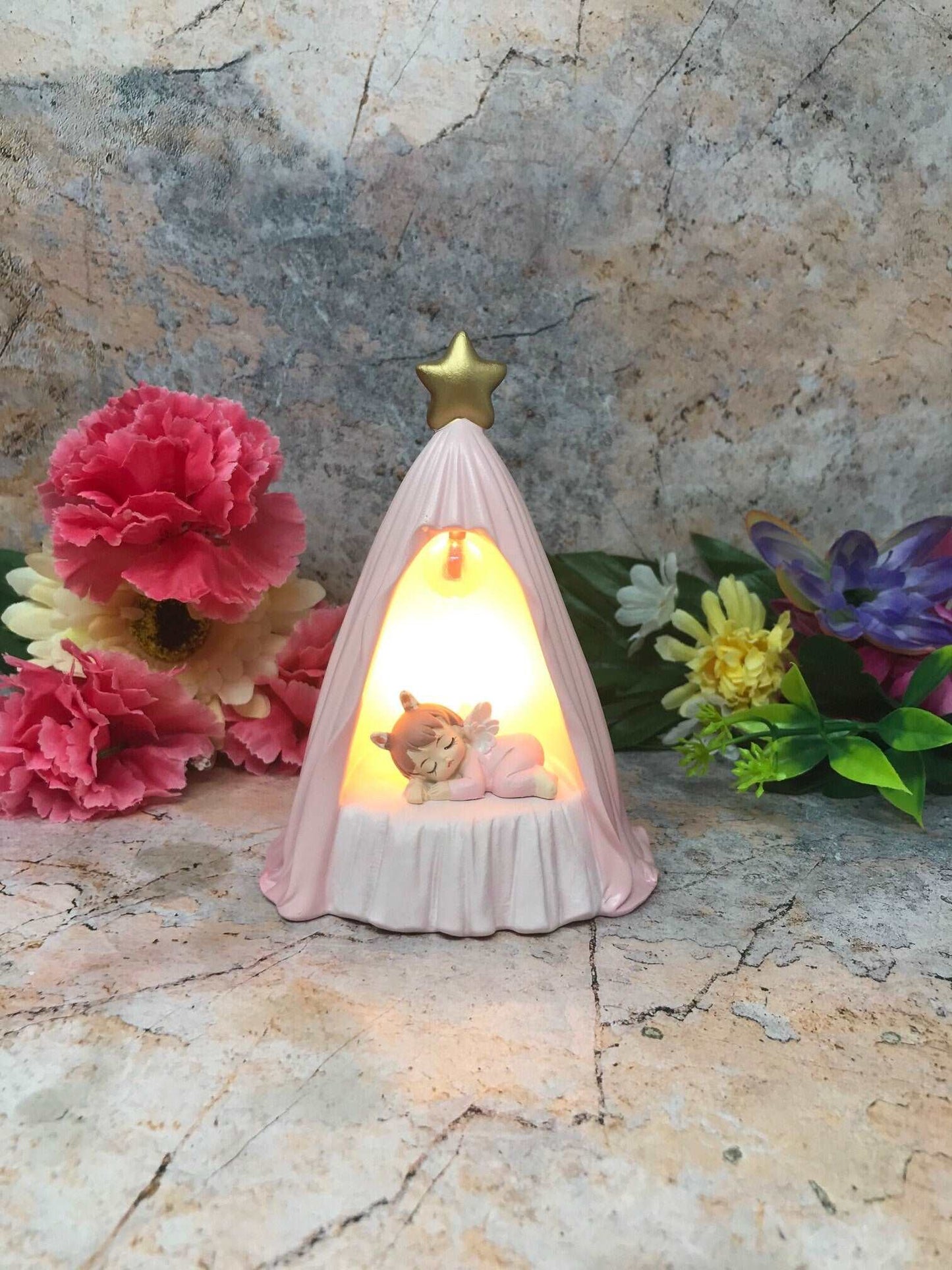 Adorable Peaceful Angel Baby Girl Sleeping Sculpture Angels Collection Figurine Fantasy LED Light Pink Design-Osiris Craftworks