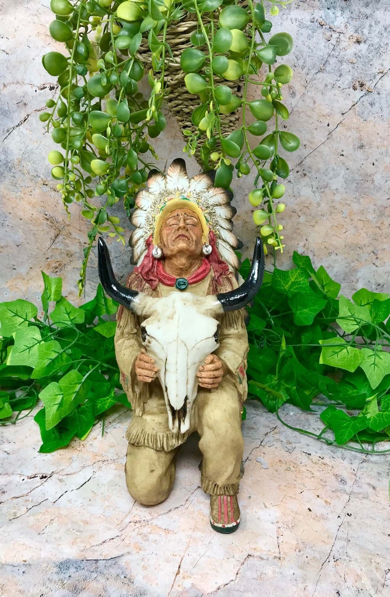 Indian Chief Sitting with Buffalo Skull Figurine Native American Collection Sculpture-Osiris Craftworks