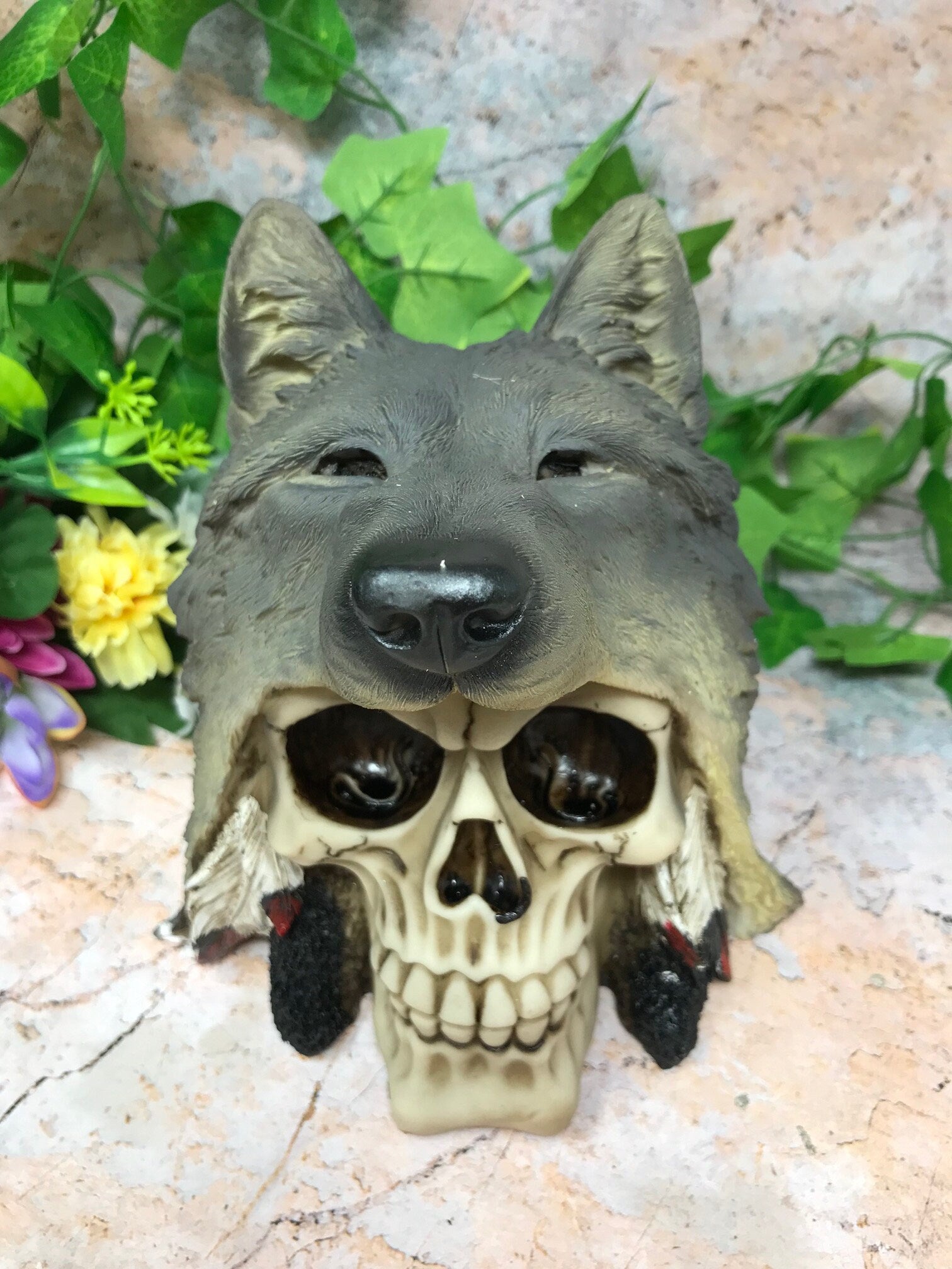 Stunning Native American Skull Sculpture with Wolf Mask - Embrace the Spirit of the Wild West in Your Home or Office-Osiris Craftworks