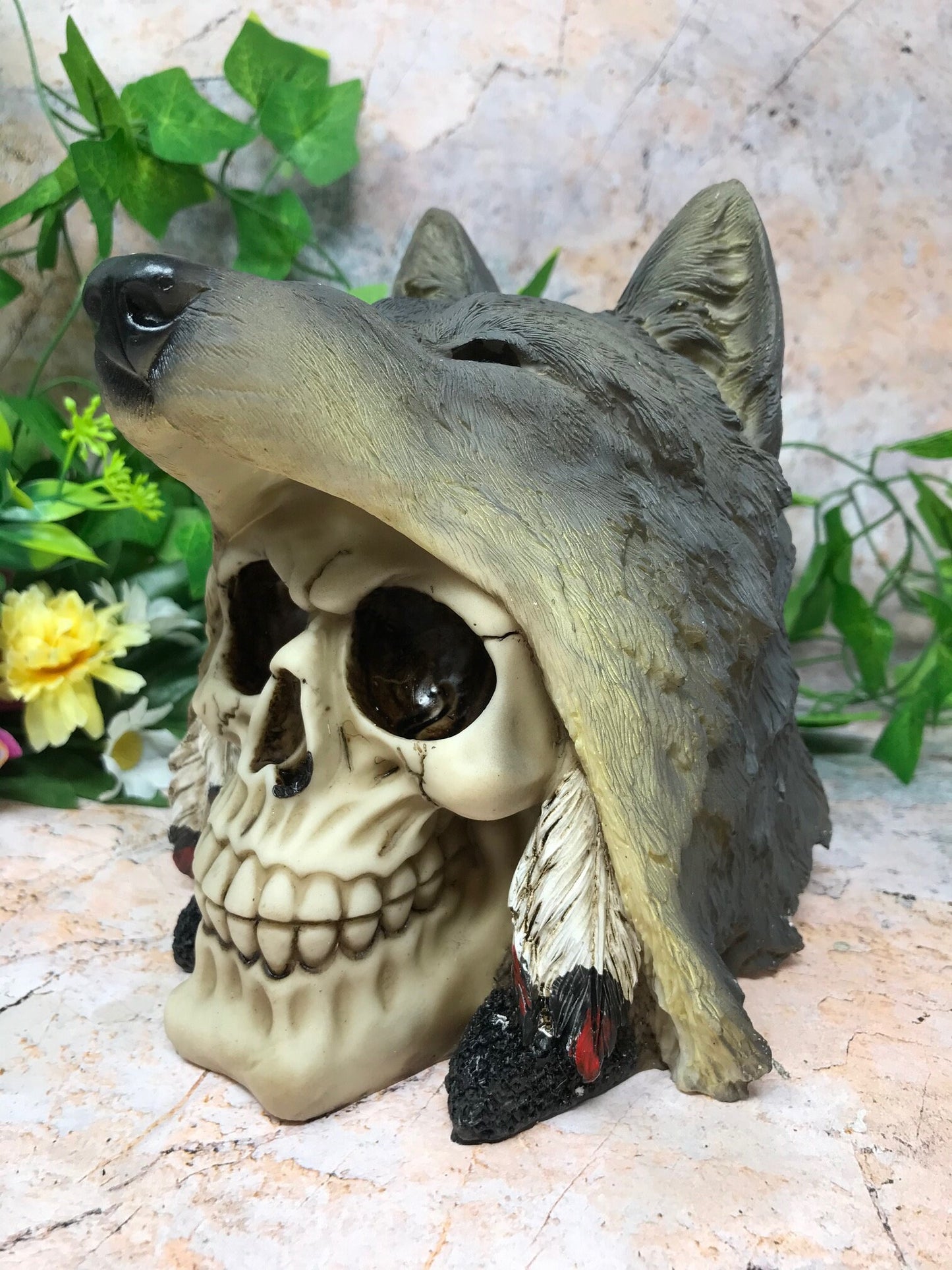 Stunning Native American Skull Sculpture with Wolf Mask - Embrace the Spirit of the Wild West in Your Home or Office-Osiris Craftworks