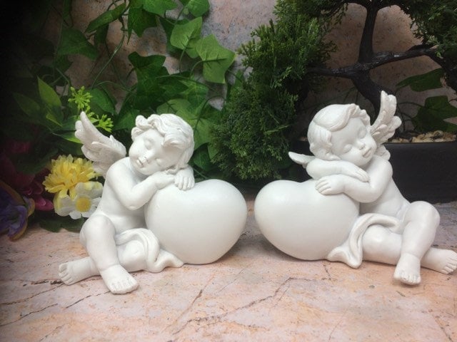 Twin Cherub Heart Figurines, Baby Angel Statuettes, Cherubs on Hearts, Angelic Love Ornament Set, Divine Nursery Decor Resin Figurines-Osiris Craftworks