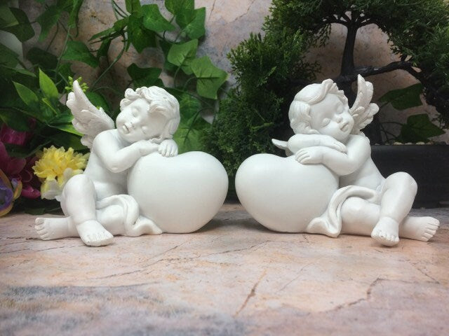 Twin Cherub Heart Figurines, Baby Angel Statuettes, Cherubs on Hearts, Angelic Love Ornament Set, Divine Nursery Decor Resin Figurines-Osiris Craftworks