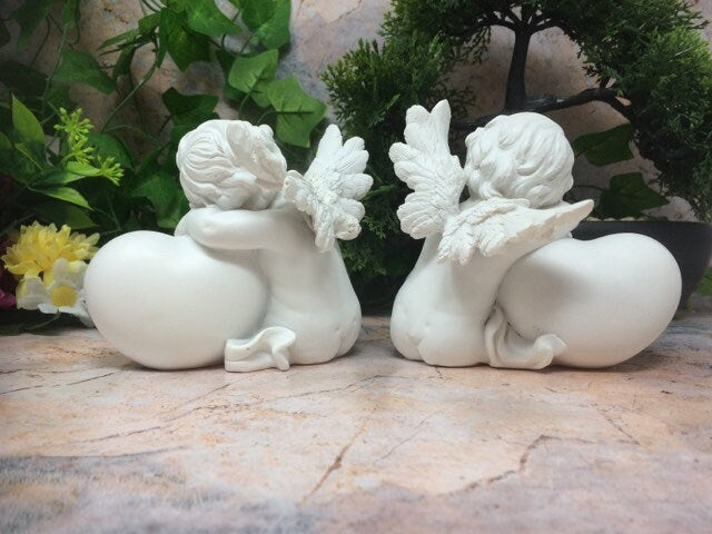 Twin Cherub Heart Figurines, Baby Angel Statuettes, Cherubs on Hearts, Angelic Love Ornament Set, Divine Nursery Decor Resin Figurines-Osiris Craftworks