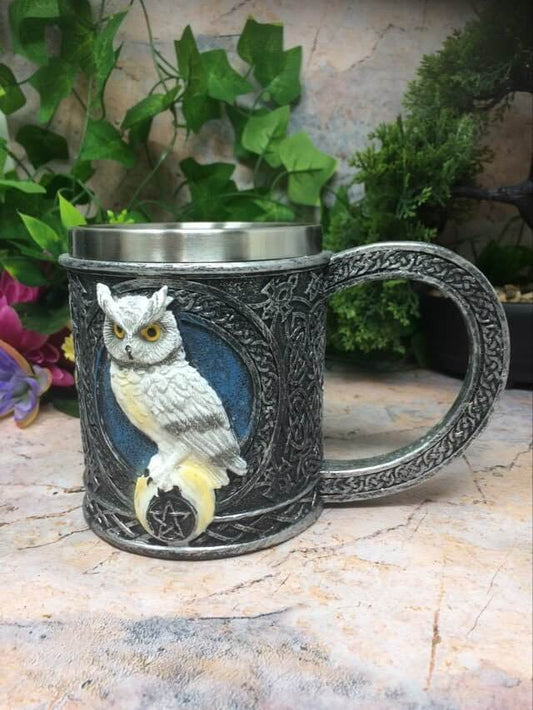 Wise Owl Tankard Gothic Decor Owls Collection Pentagram Moon Medieval Style Ornament-Osiris Craftworks